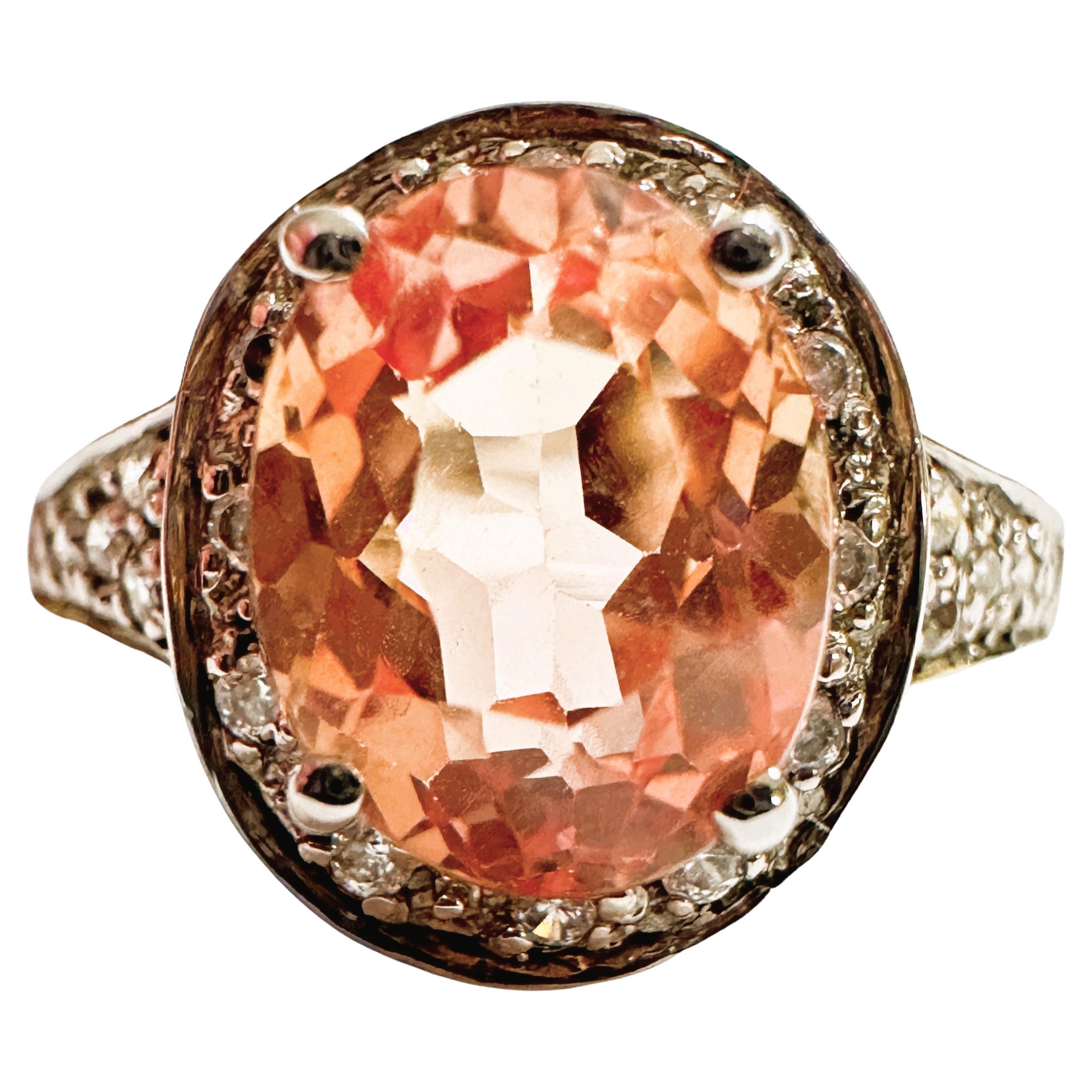 New Nigerian IF 2.90 Ct Pink Peach Morganite & White Sapphire Sterling Ring For Sale