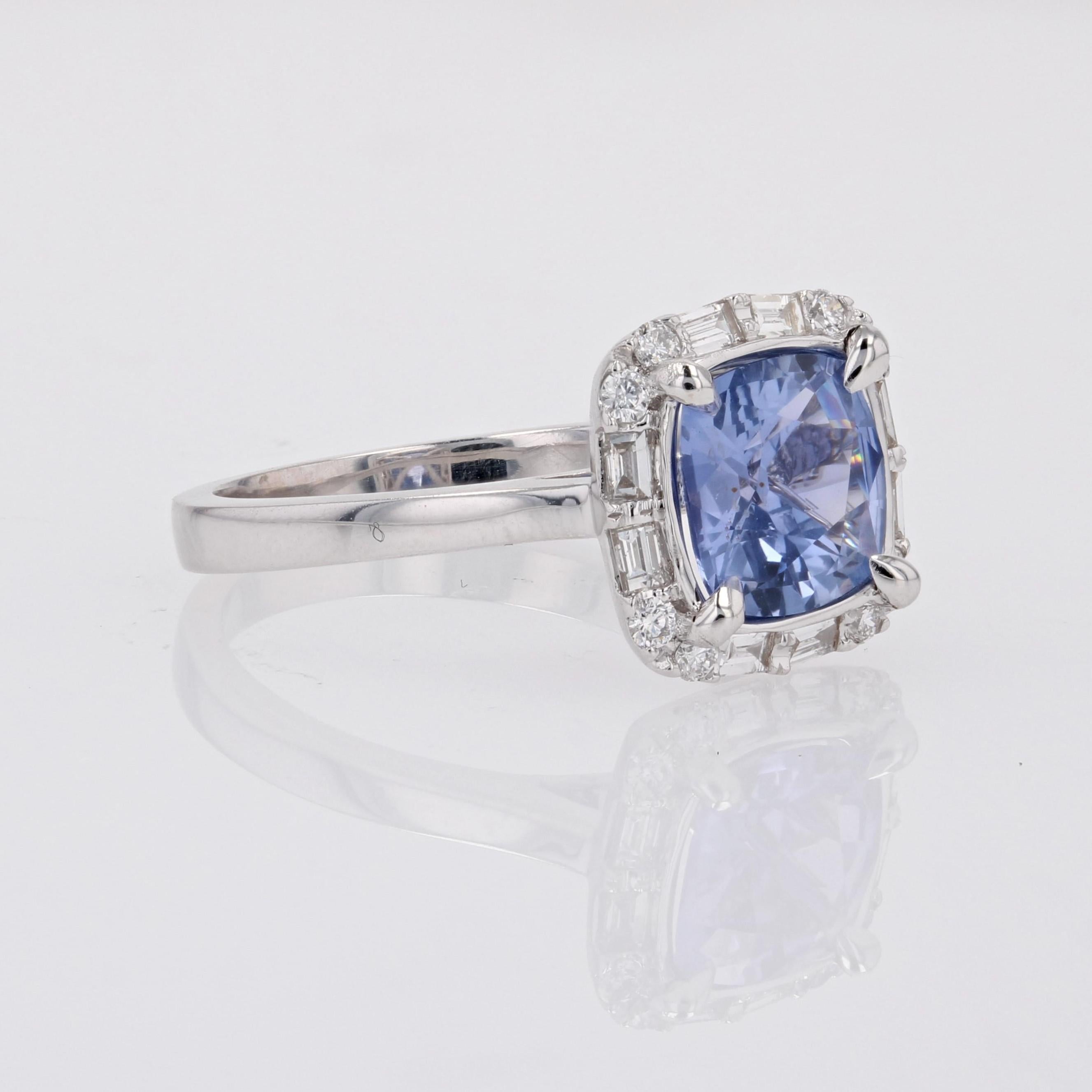 New No Heated Cushion-cut Ceylon Sapphire Diamonds 18 K White Gold Cluster Ring For Sale 4