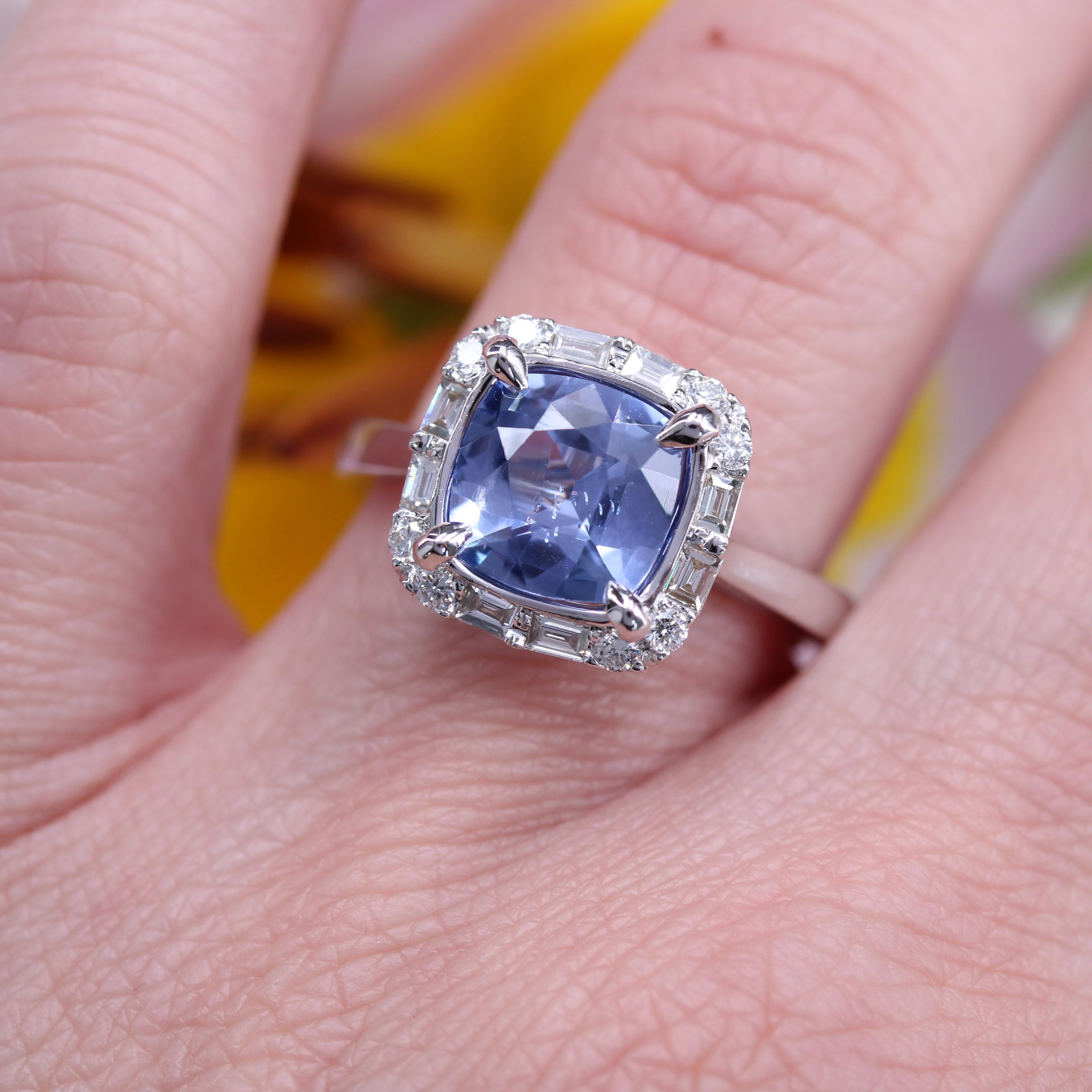 New No Heated Cushion-cut Ceylon Sapphire Diamonds 18 K White Gold Cluster Ring For Sale 7