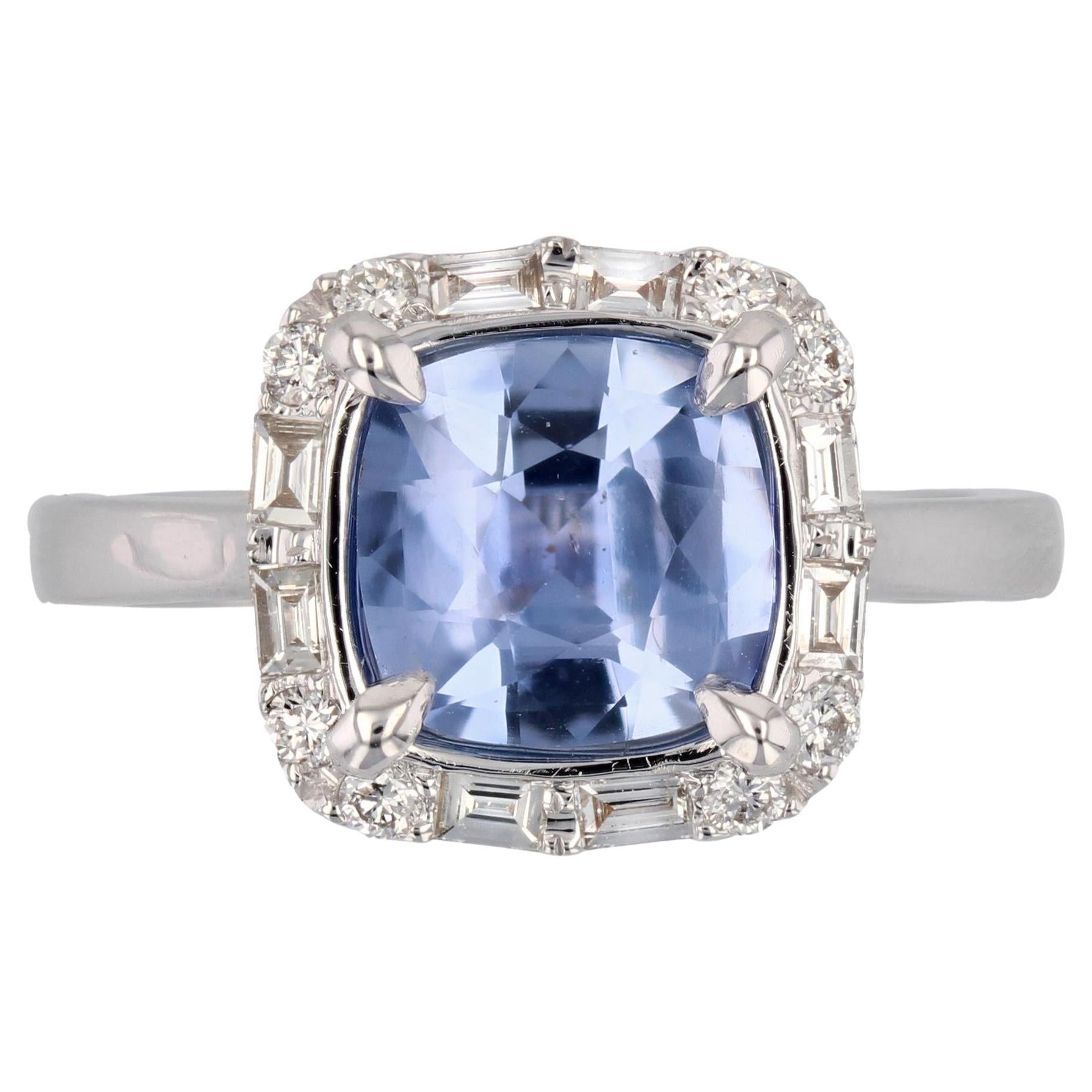 New No Heated Cushion-cut Ceylon Sapphire Diamonds 18 K White Gold Cluster Ring For Sale