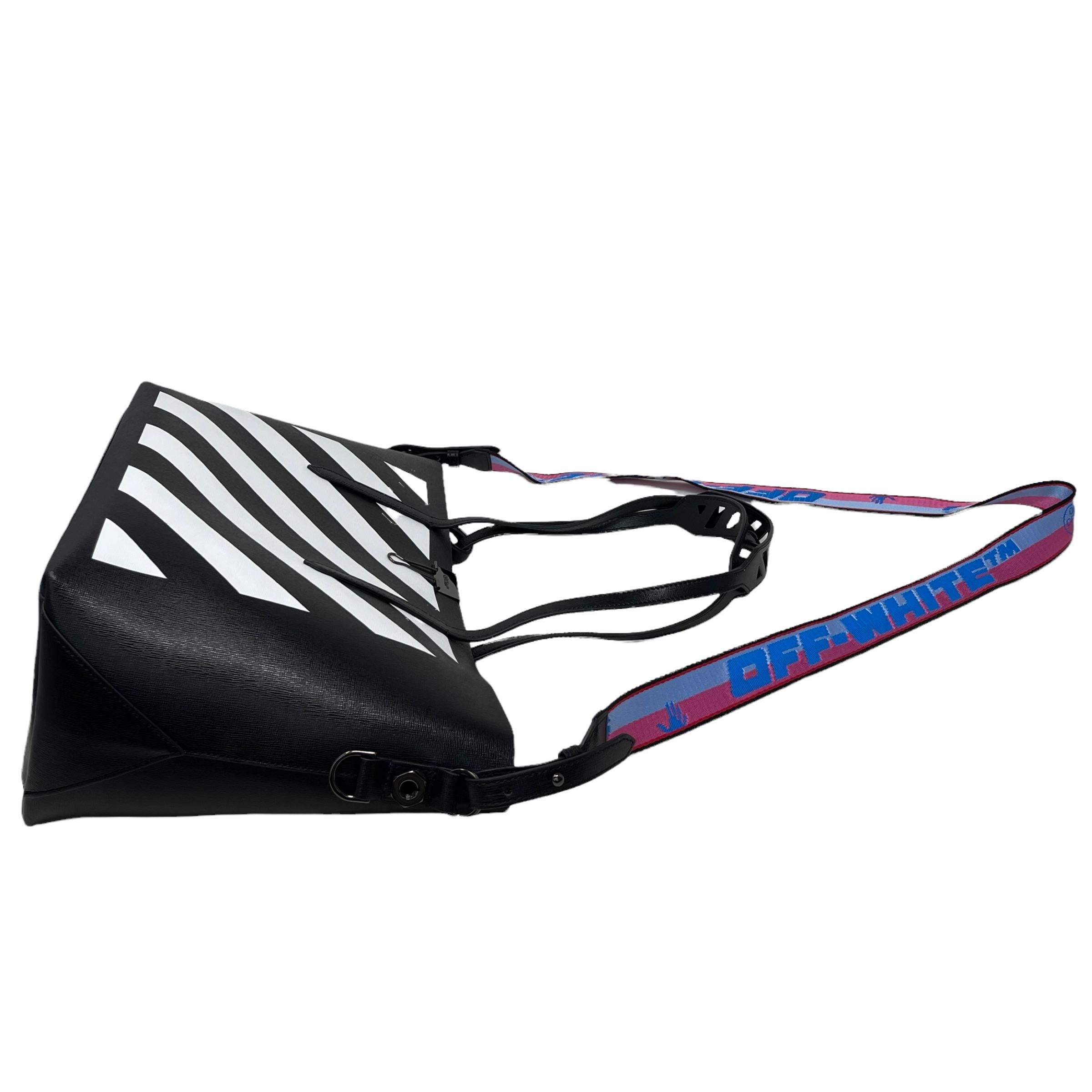 NEW Off-White Virgil Abloh Black Diagonal Stripes Binder Leather Tote Bag For Sale 6