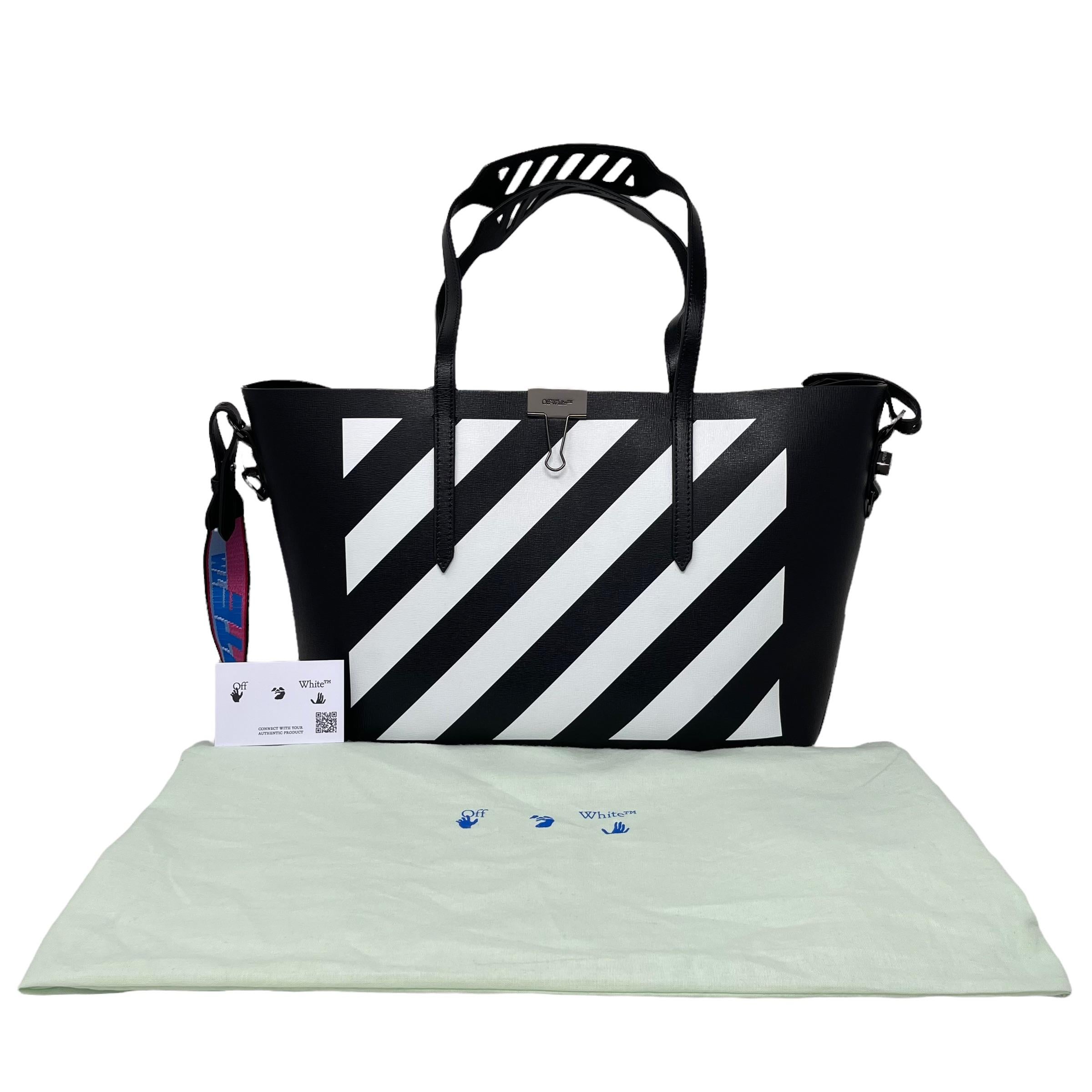 NEW Off-White Virgil Abloh Black Diagonal Stripes Binder Leather Tote Bag For Sale 12
