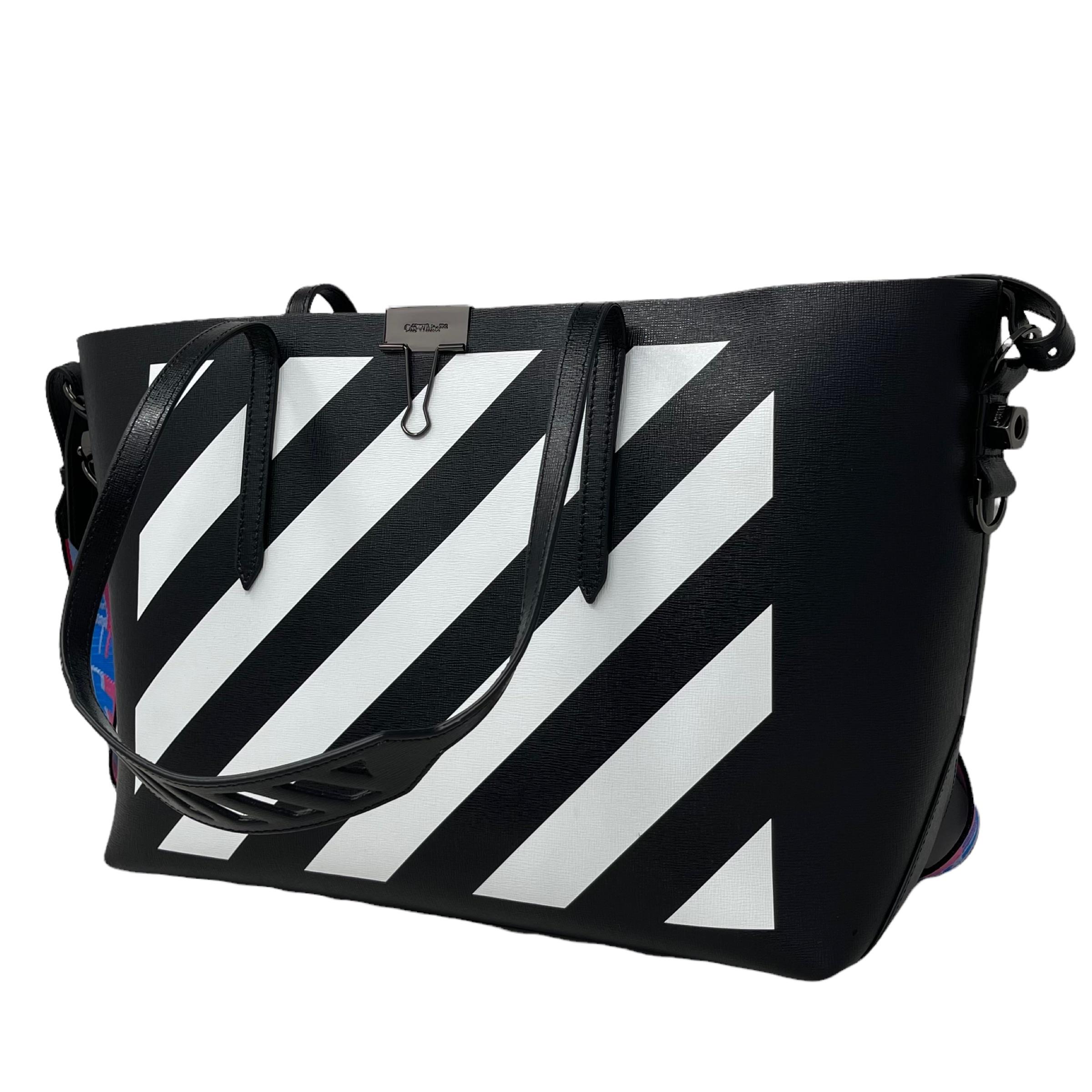 Women's NEW Off-White Virgil Abloh Black Diagonal Stripes Binder Leather Tote Bag For Sale