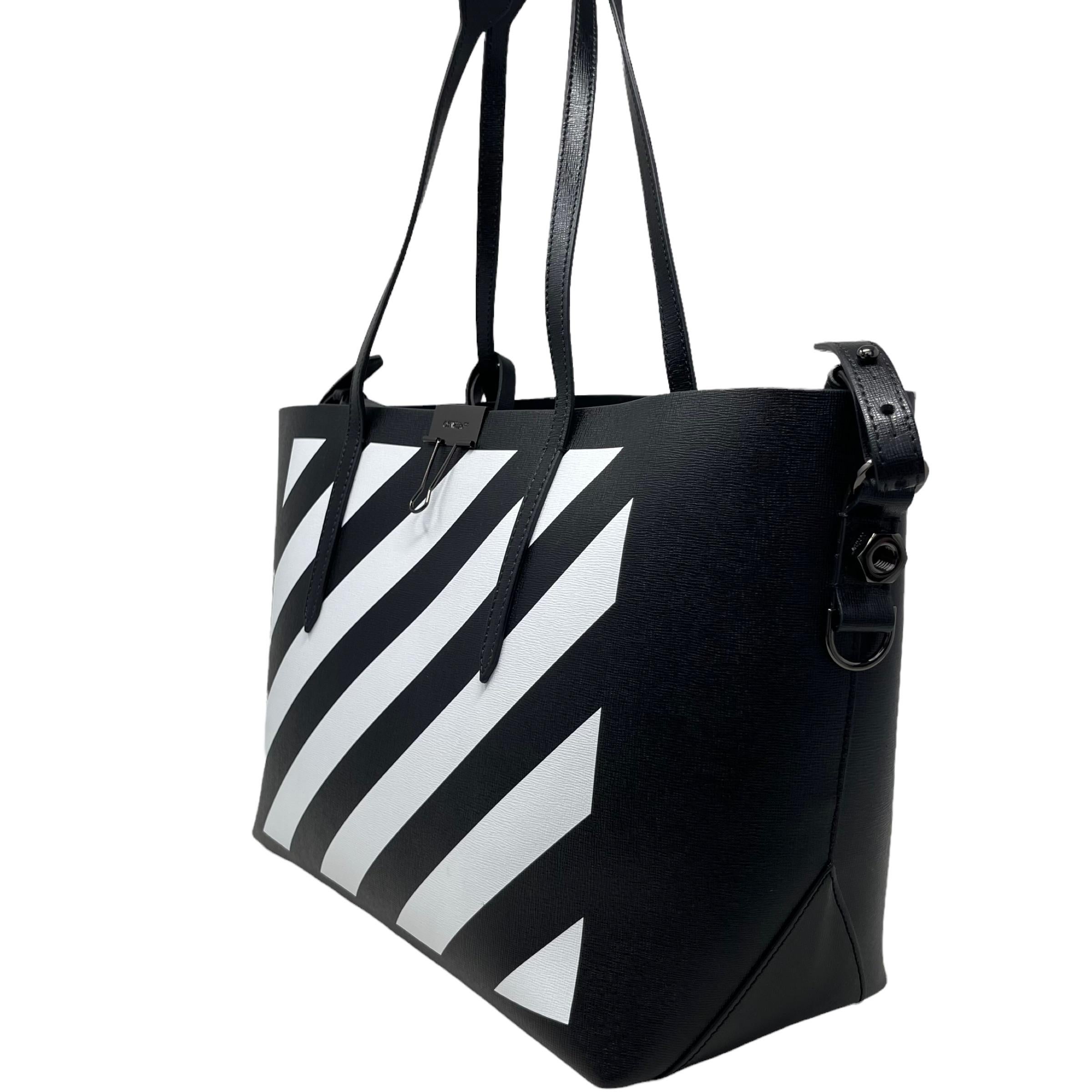 NEW Off-White Virgil Abloh Black Diagonal Stripes Binder Leather Tote Bag For Sale 1