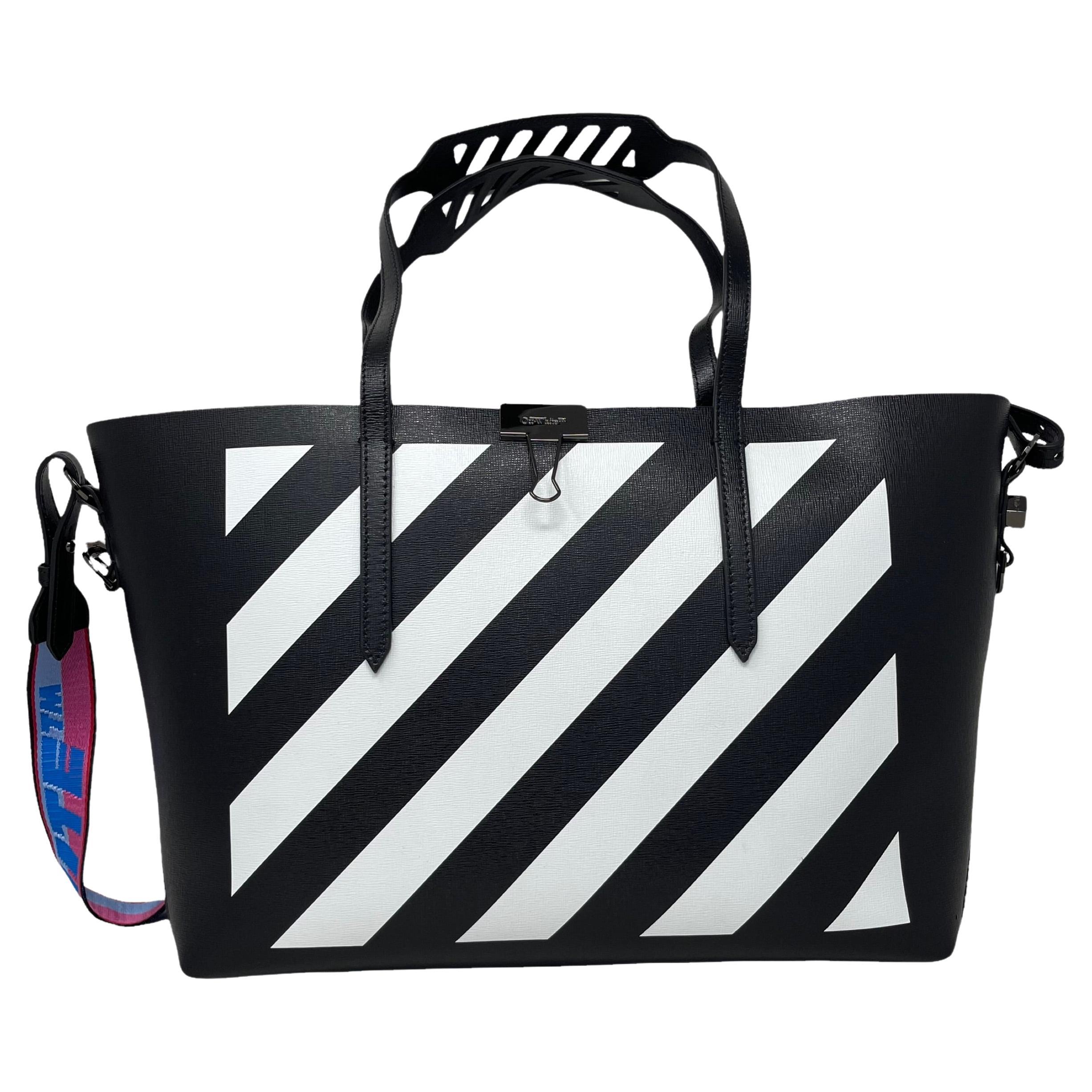 NEW Off-White Virgil Abloh Black Diagonal Stripes Binder Leather Tote Bag For Sale