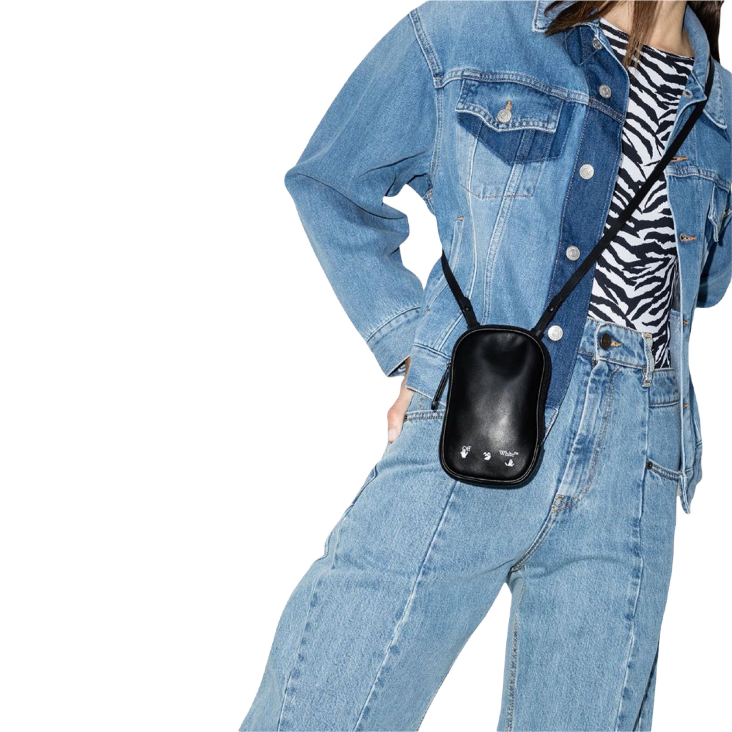 NEU Off-White Virgil Abloh Schwarz bedruckte Logo Crossbody-Tasche aus Leder mit Reißverschluss im Angebot 10
