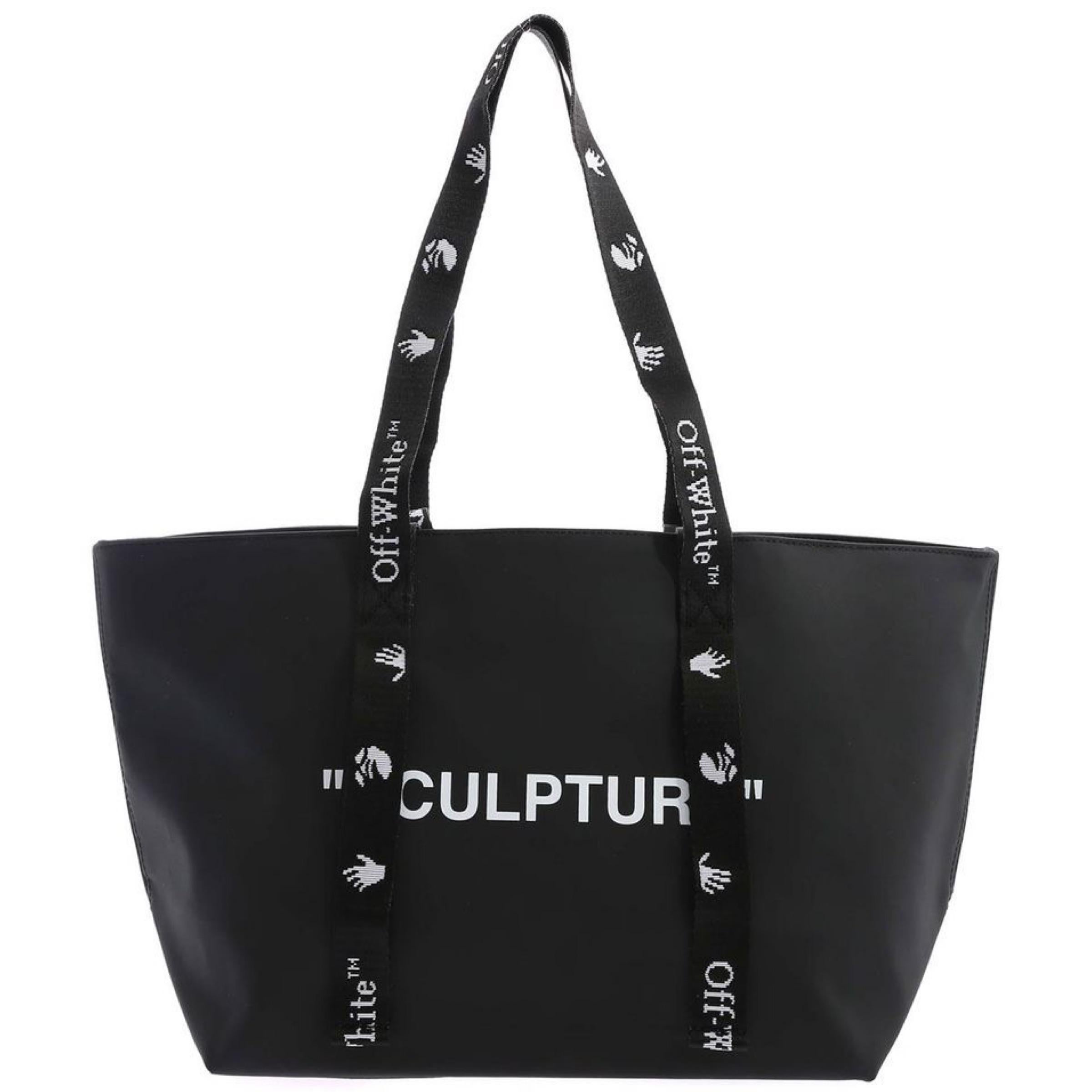 NEU Off-White Virgil Abloh Schwarze bedruckte Skulptur Pfeil Logo Tragetasche im Angebot 1