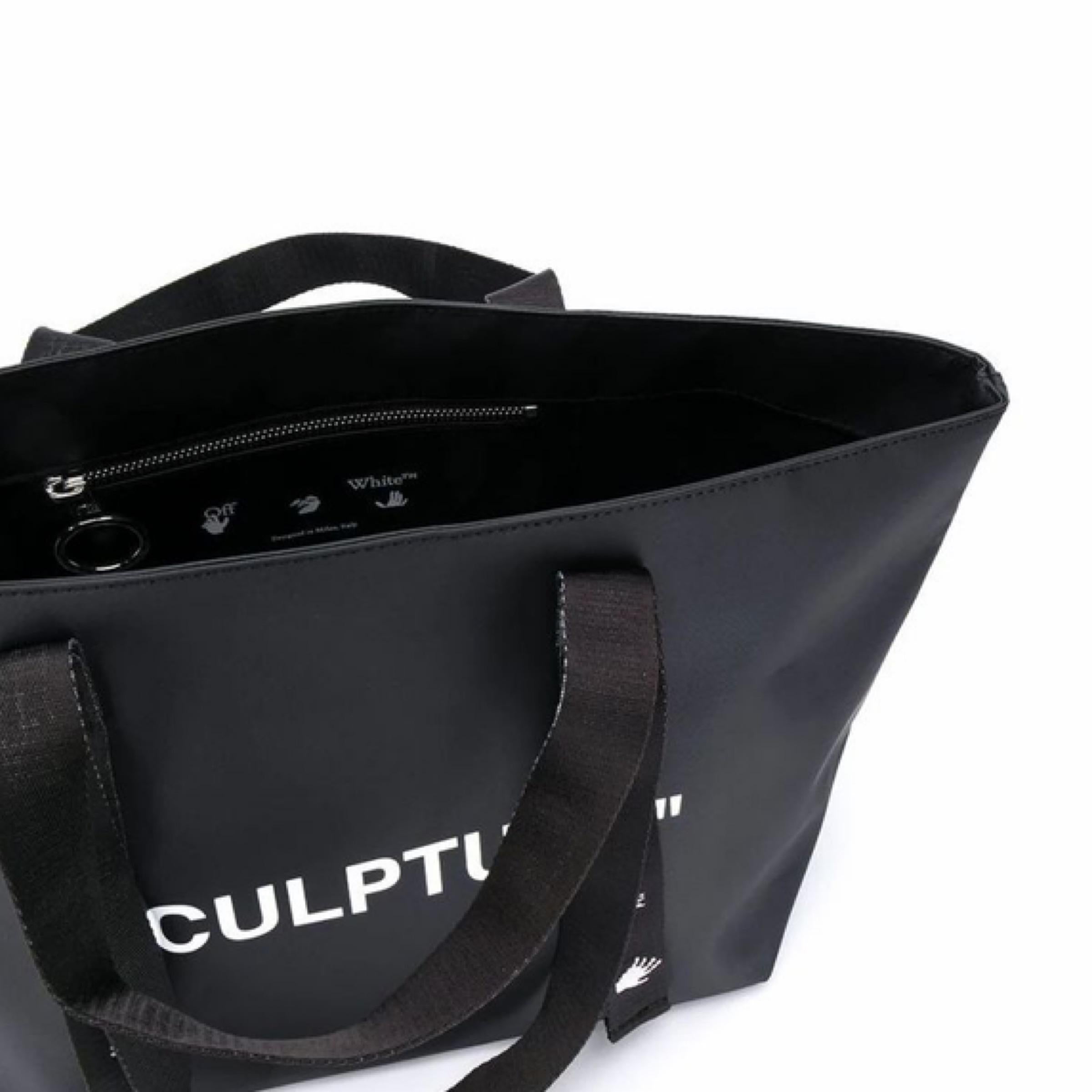 NEU Off-White Virgil Abloh Schwarze bedruckte Skulptur Pfeil Logo Tragetasche im Angebot 2