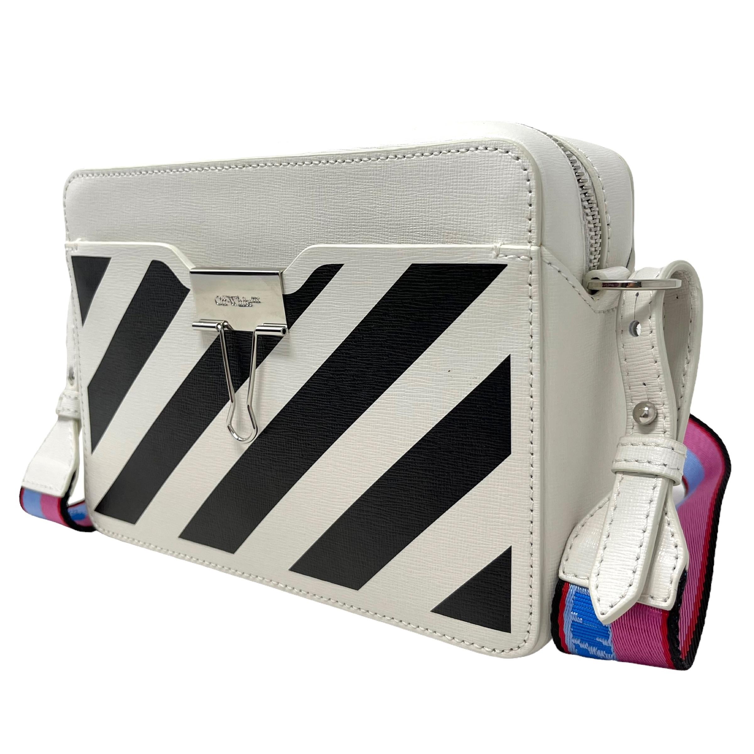 Gray NEW Off-White Virgil Abloh White Diagonal Stripes Binder Leather Shoulder Bag For Sale