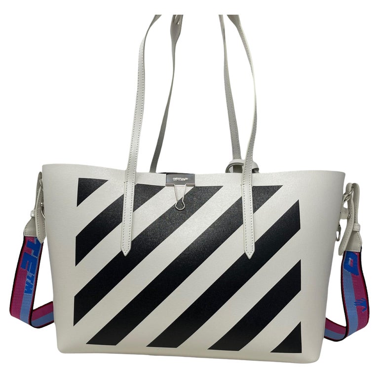 NEW Off-White Virgil Abloh White Diagonal Stripes Binder Leather Tote Bag  For Sale at 1stDibs