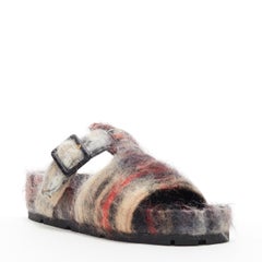 new OLD CELINE Boxy Mohair grey red check print buckle flat sandal slides EU40