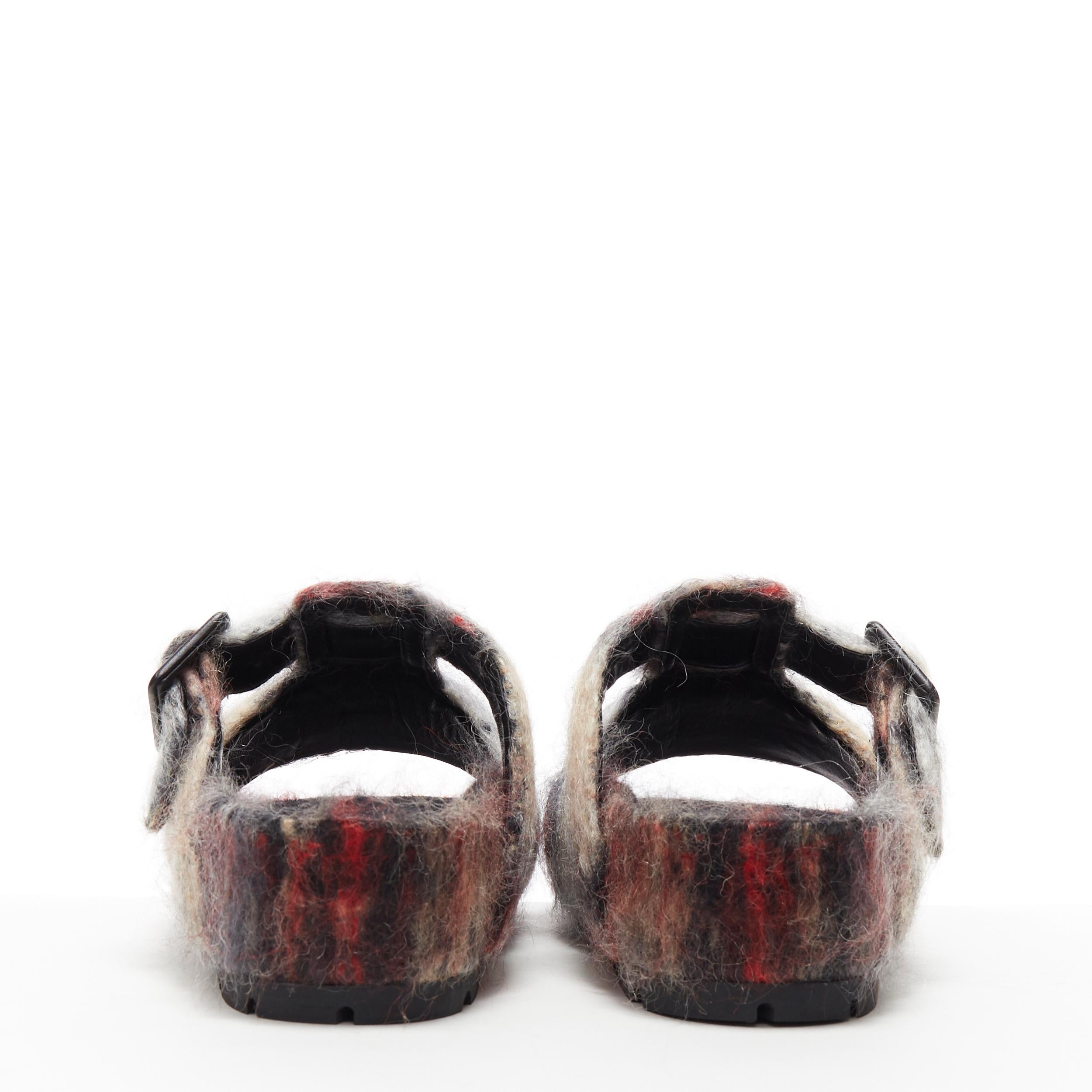 Donna new OLD CELINE Boxy Mohair grey red check print buckle flat sandal slides EU40