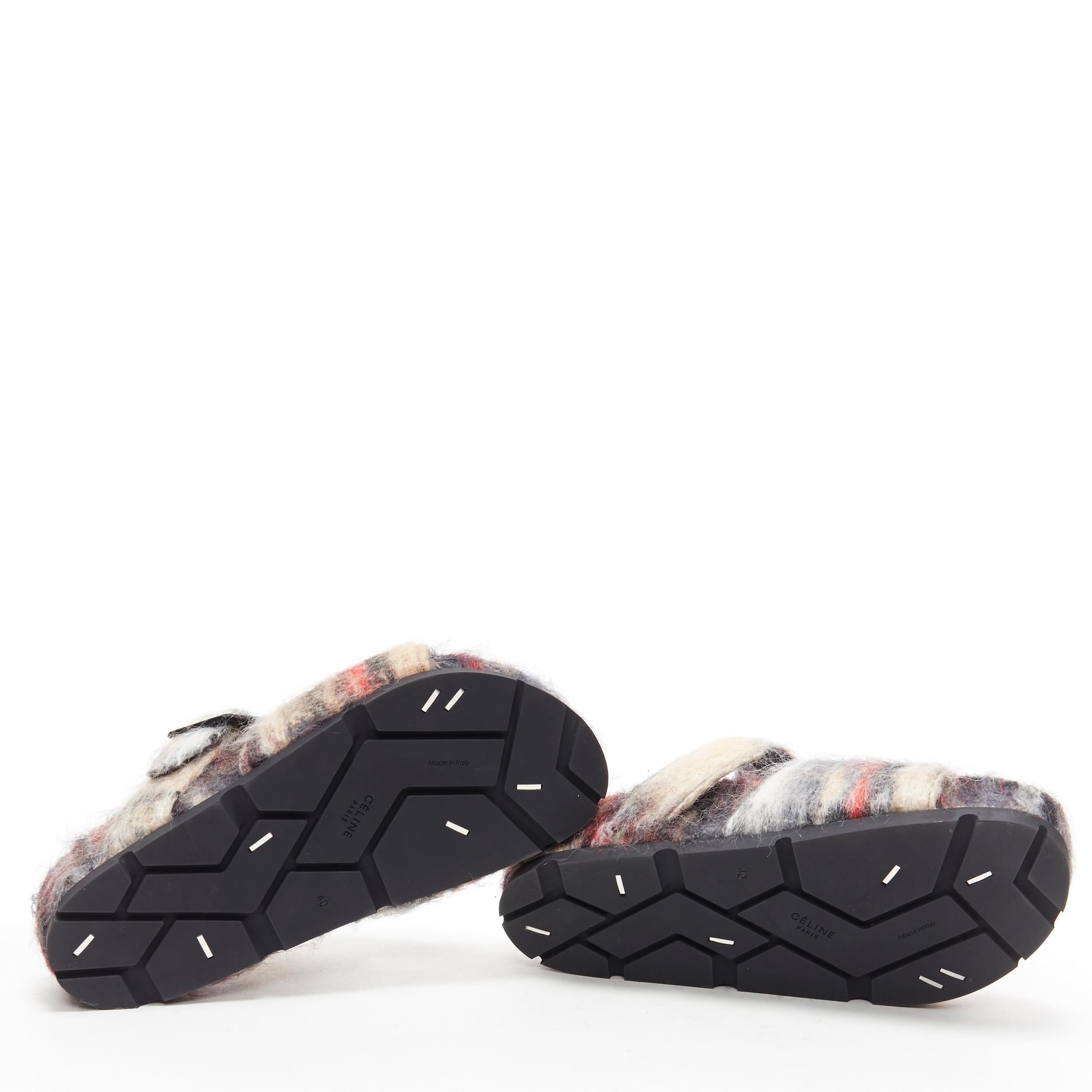 new OLD CELINE Boxy Mohair grey red check print buckle flat sandal slides EU40 1