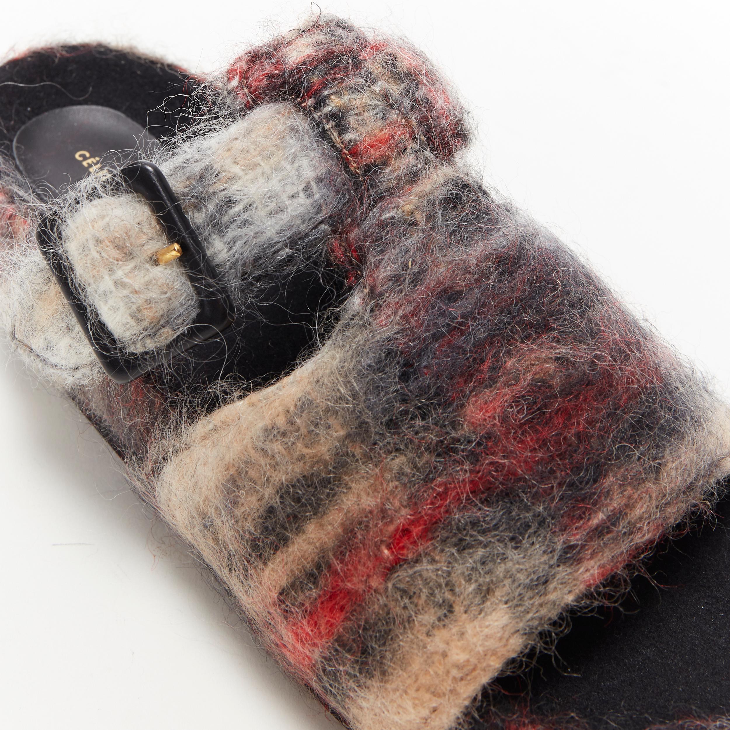 new OLD CELINE Boxy Mohair grey red check print buckle flat sandal slides EU40 3
