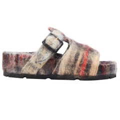 Neu OLD CELINE Boxy Flache Sandalenschnalle aus Mohair in Grau und Rot mit rotem kariertem Druck EU40