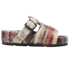 new OLD CELINE Boxy Mohair grey red check print buckle flat sandal slides EU40