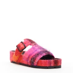 new OLD CELINE Boxy Mohair pink red check print buckle flat sandal slides EU40