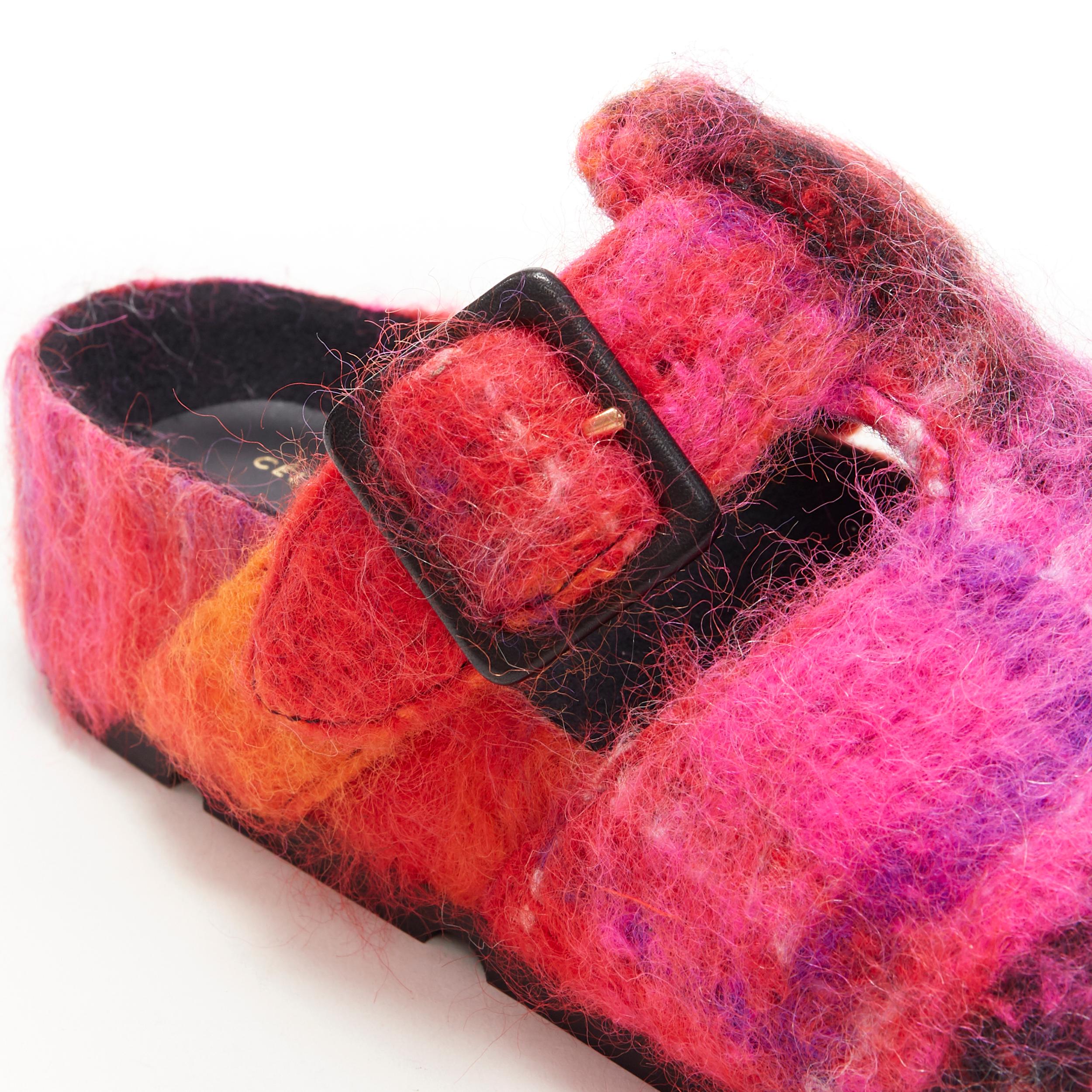 new OLD CELINE Boxy Mohair pink red check print buckle flat sandal slides EU40 1