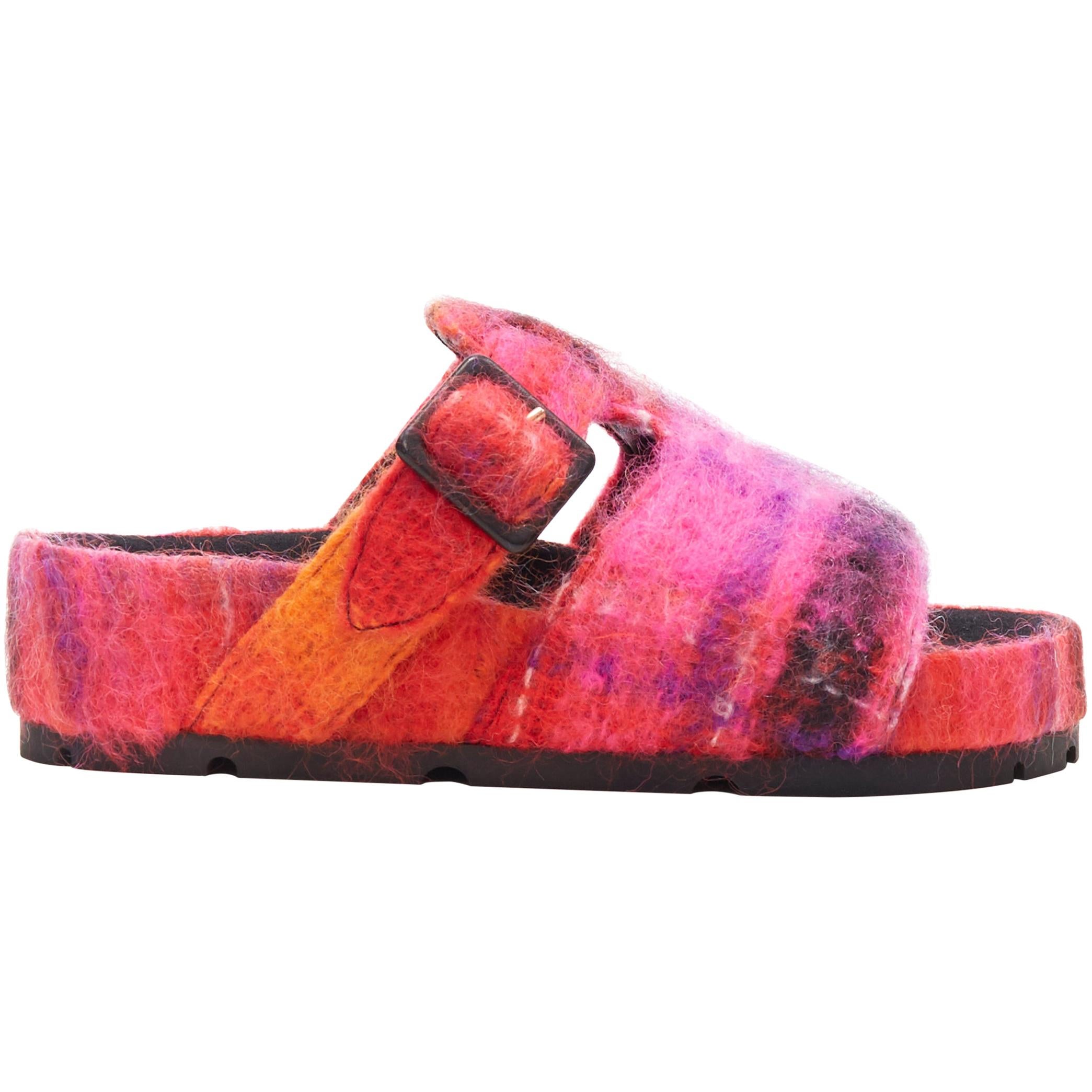 new OLD CELINE Boxy Mohair pink red check print buckle flat sandal slides EU40