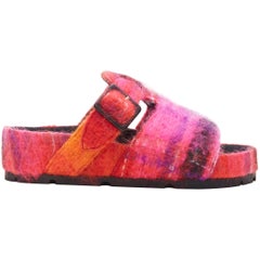 new OLD CELINE Boxy Mohair pink red check print buckle flat sandal slides EU40