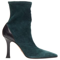 new OLD CELINE Madame Flare forest green stretch suede square toe bootie EU40