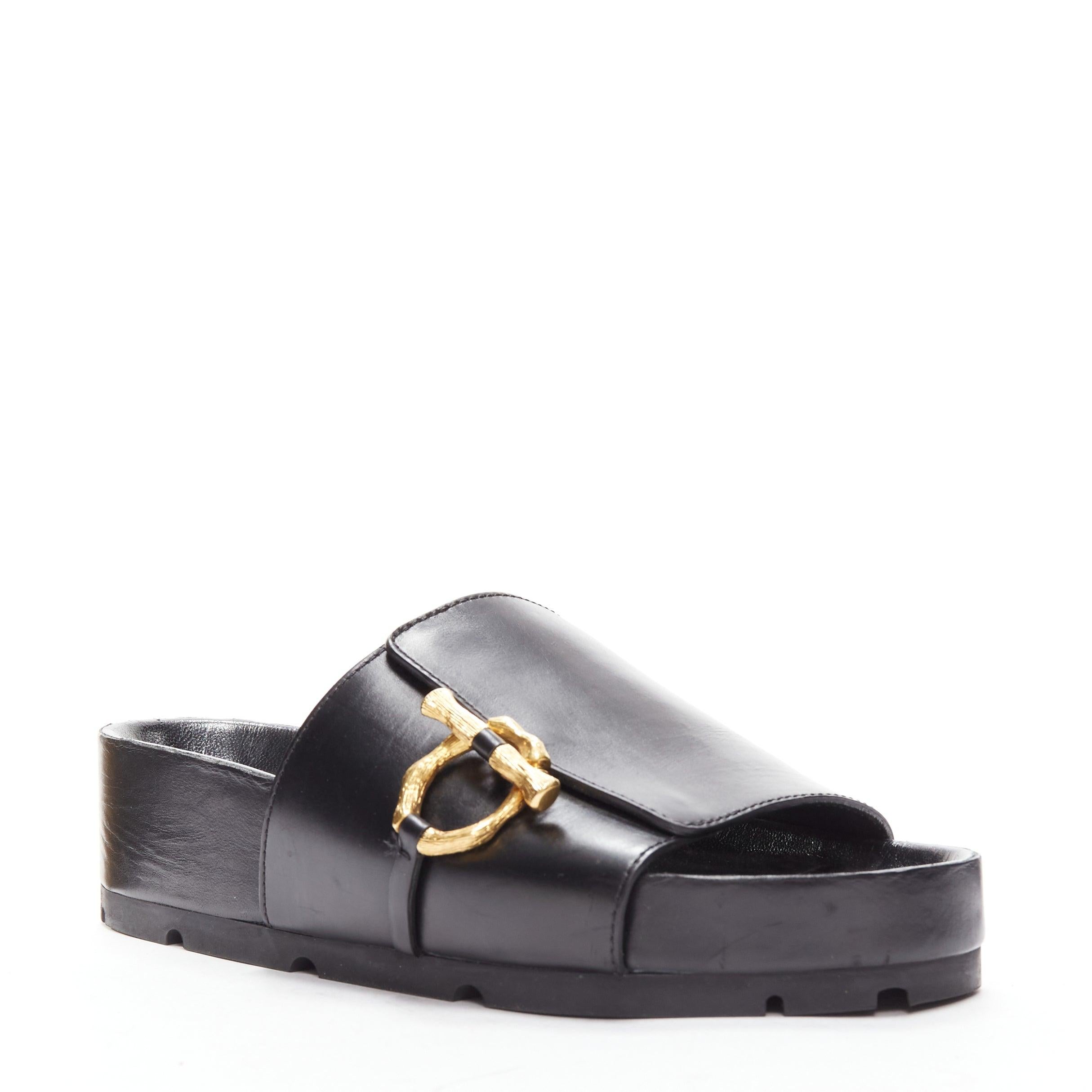 new OLD CELINE Phoebe Philo gold bamboo buckle black leather sandals EU38 In Good Condition In Hong Kong, NT