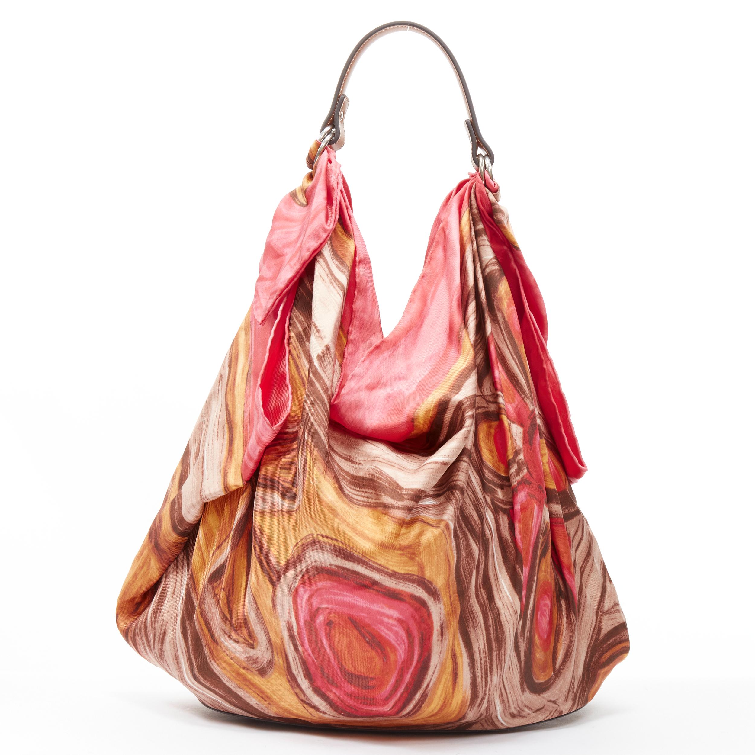 new OLD CELINE Phoebe Philo pink abstract print silk scarf brown leather bag In New Condition In Hong Kong, NT