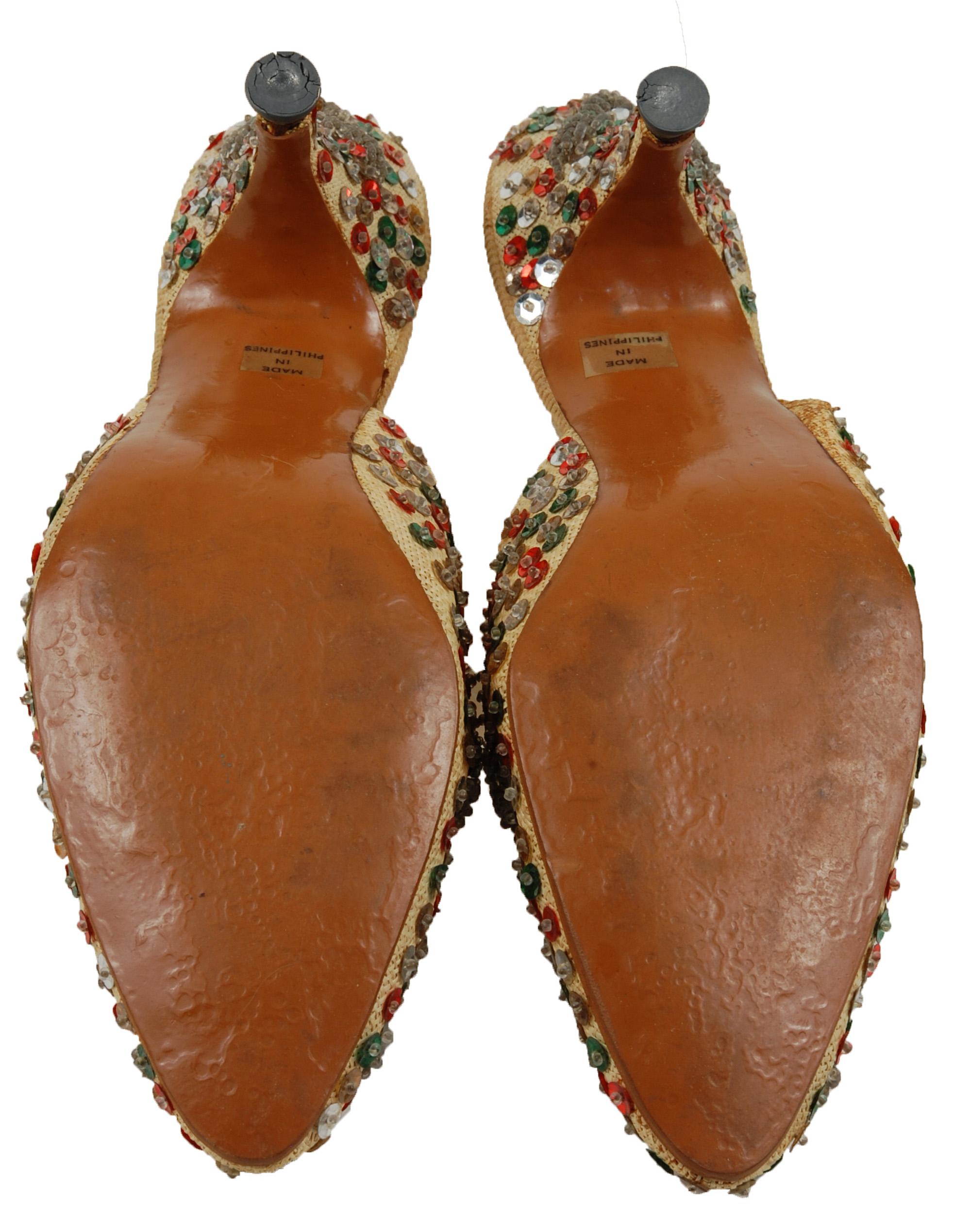 Brown New-Old Silver Snowflake Kitten Mules with Red and Green Sequins – US 5.5, 1940s For Sale