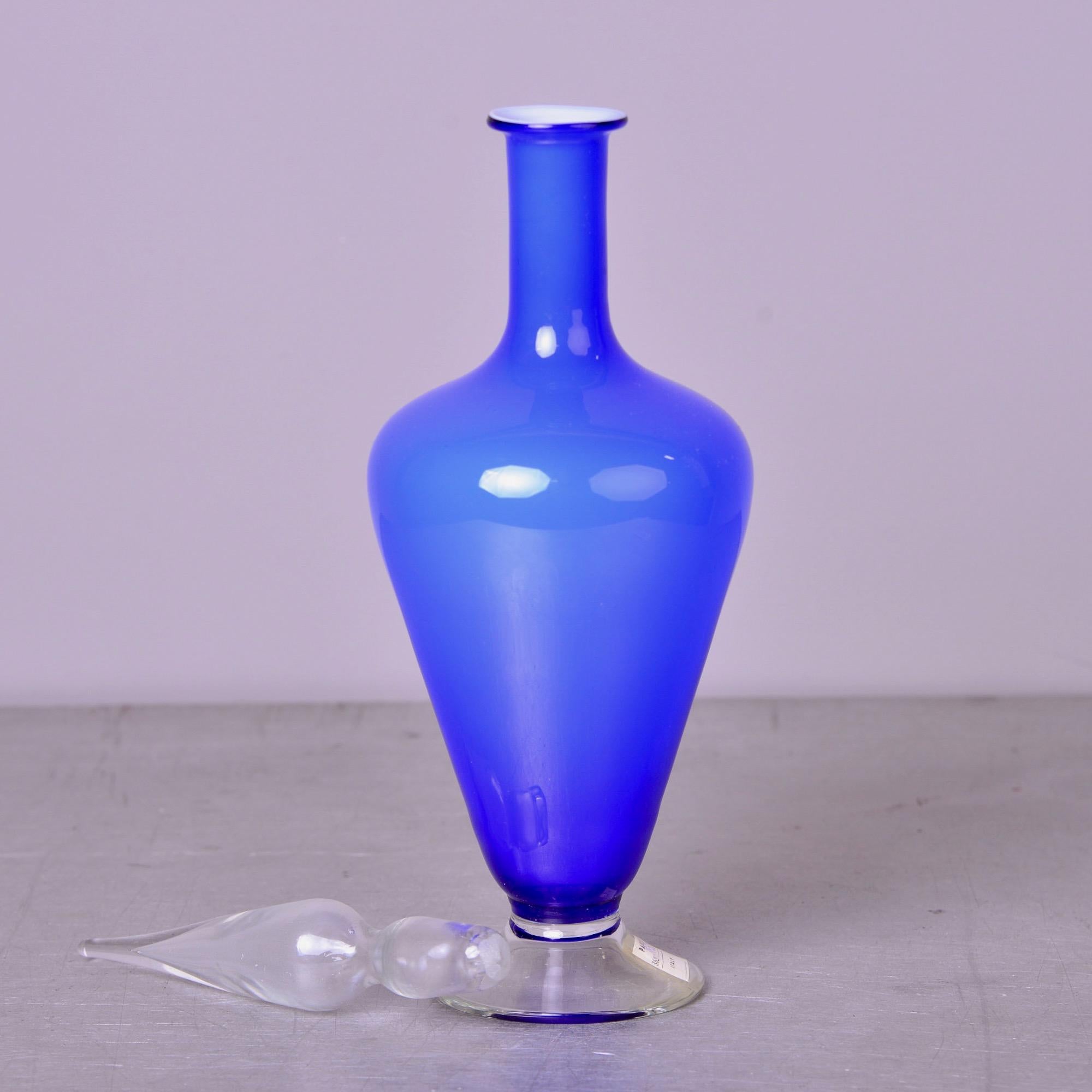 Italian New Old Stock 1960s Balboa Blue Murano Glass Bottle with Stopper For Sale
