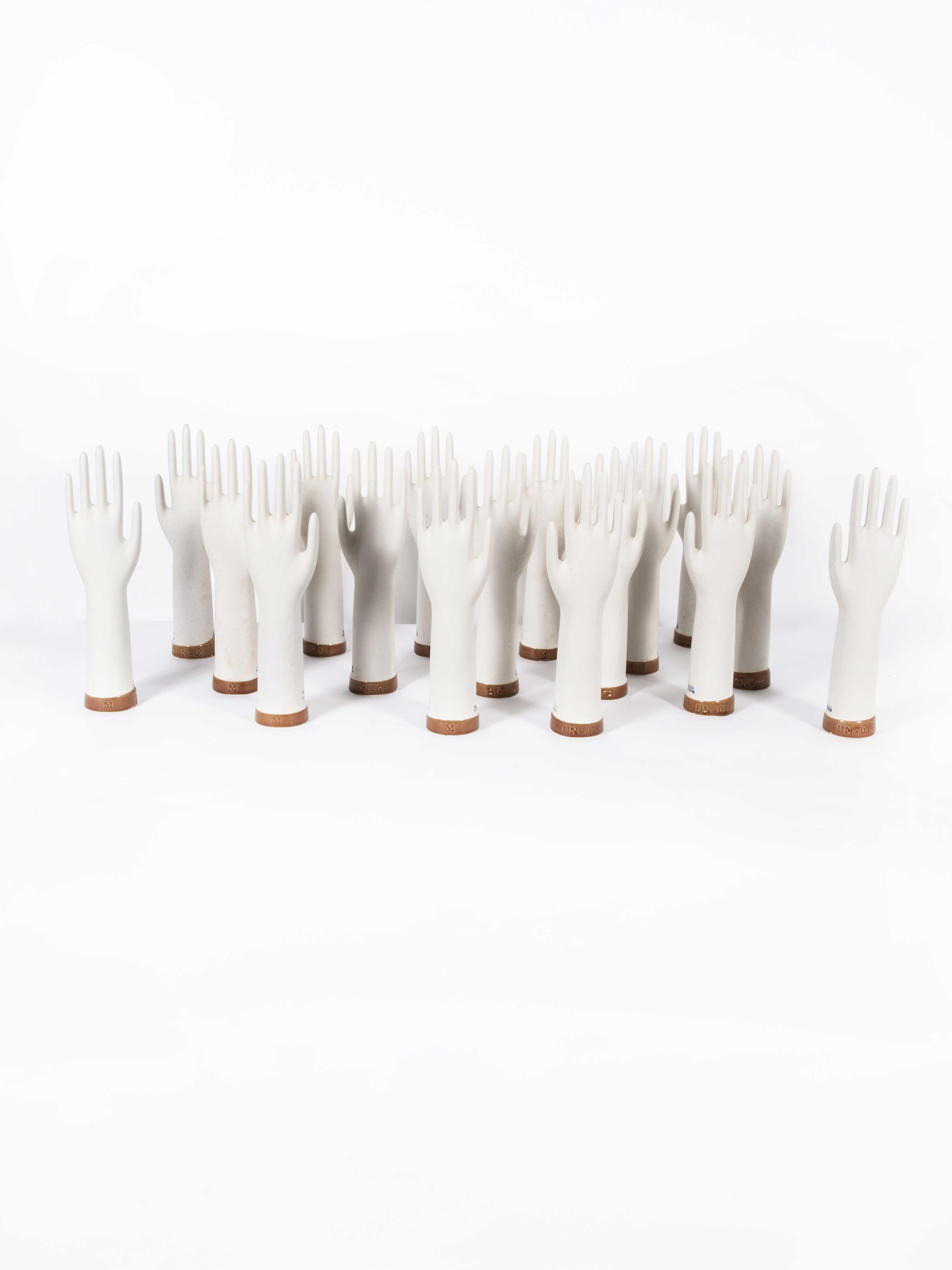 New Old Stock Ceramic rubber glove hand moulds – singles (Red Base)
Ceramic Rubber glove hand moulds – Singles. Sold singularly these hands were mounted on a slow rotating metal arm which was dipped in molten rubber as a male mould to form rubber