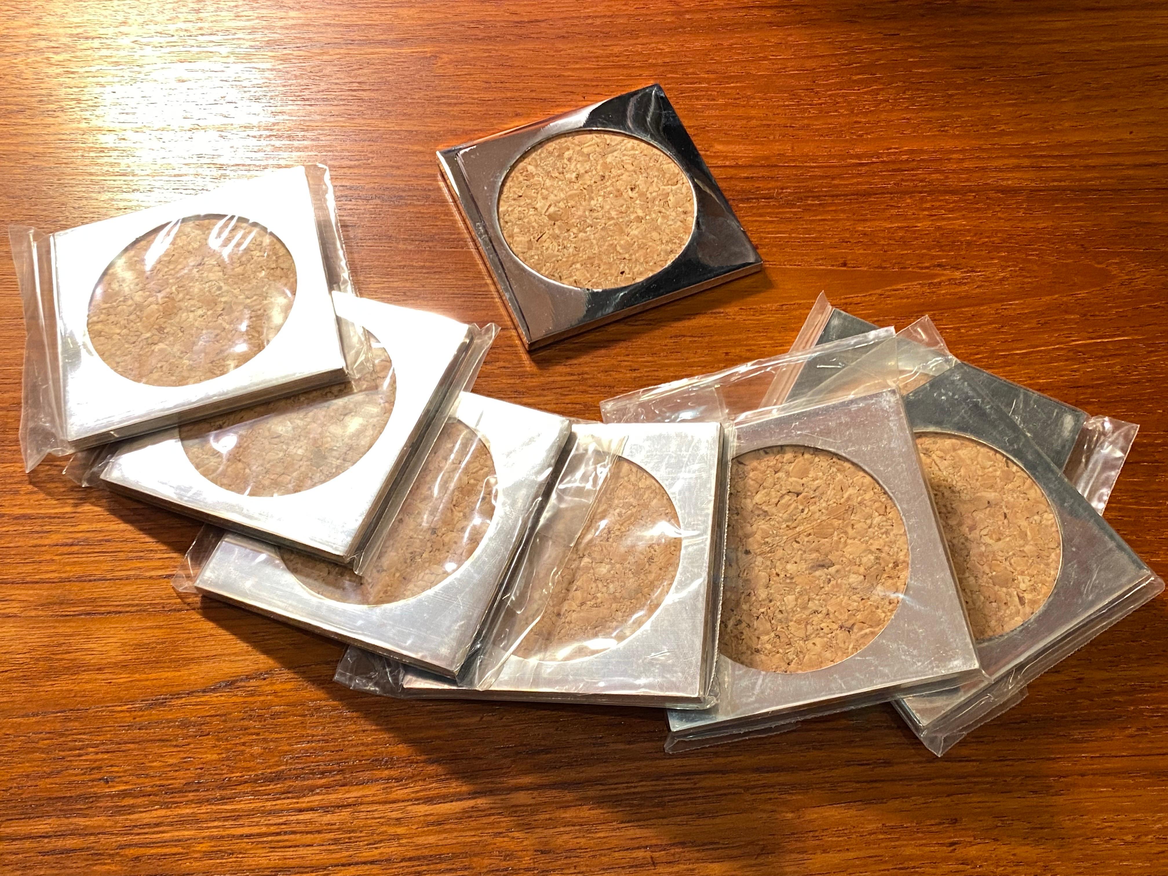 Italian New Old Stock/ Cork and Chrome 1970’s Coasters set of 8 For Sale