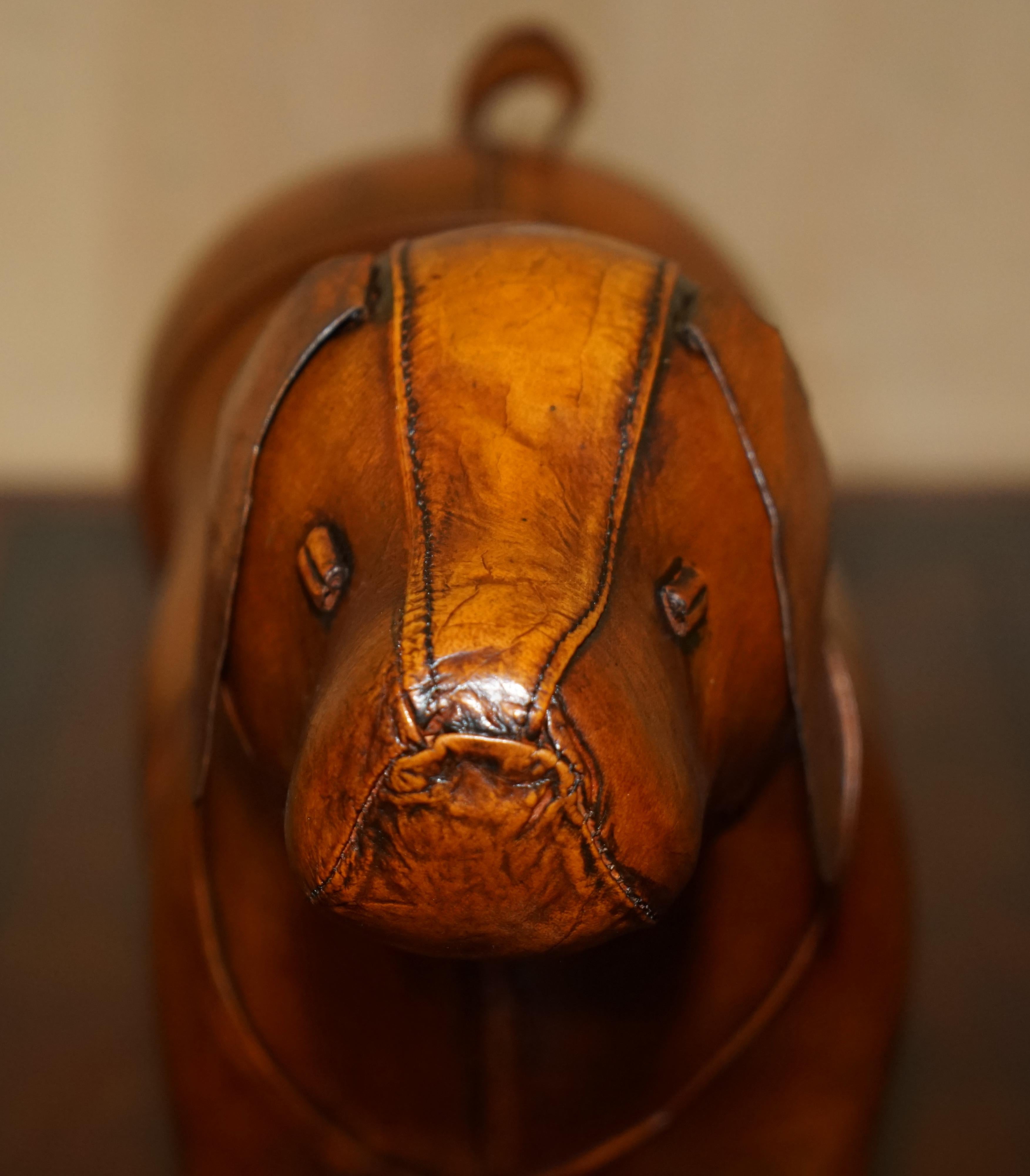 New Old Stock Liberty Style Omersa Brown Leather Dachshund Sausage Dog Footstool For Sale 3