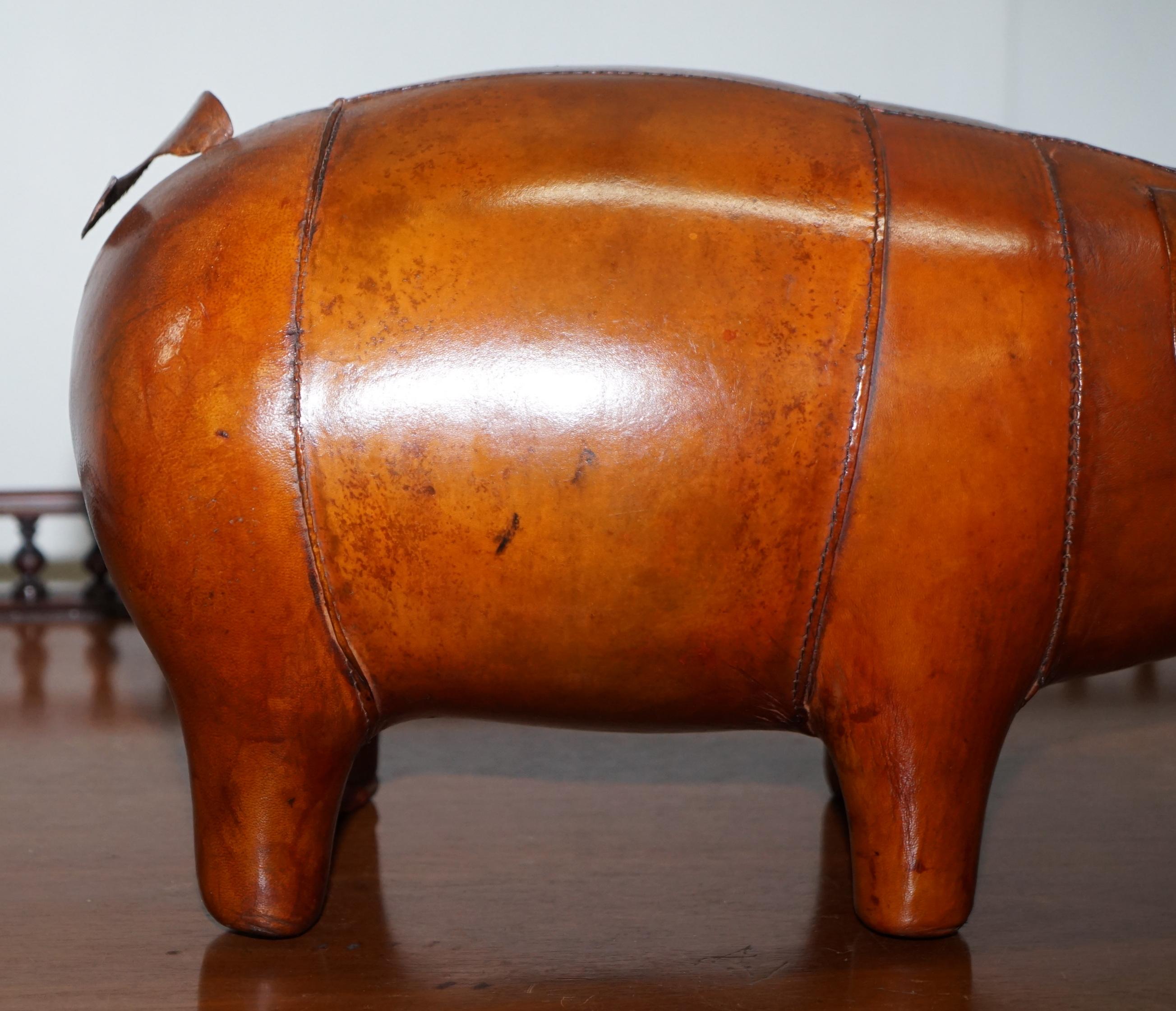 Mid-Century Modern New Old Stock Liberty's London Omersa Style Aged Brown Leather Footstool Pigs