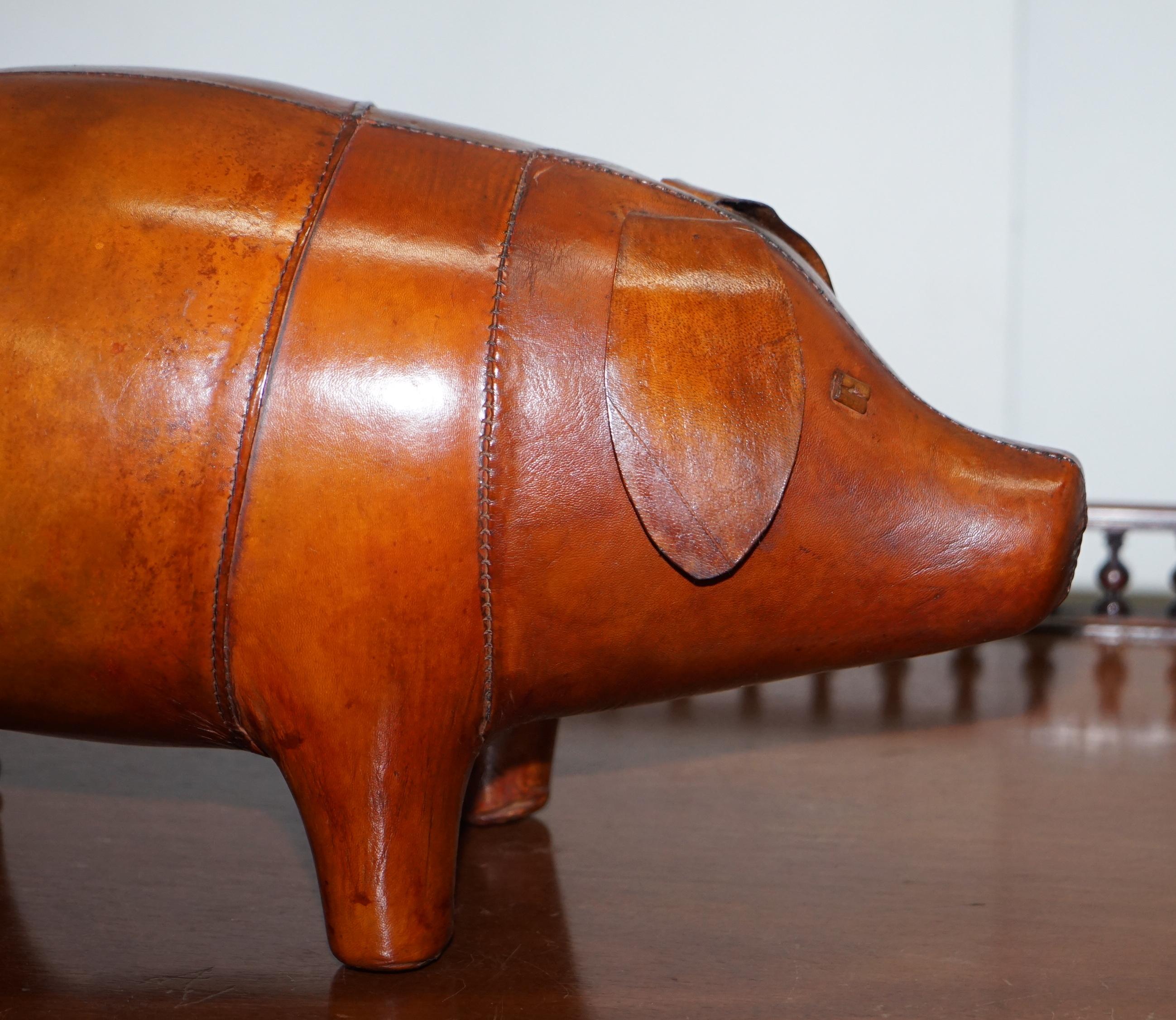 Hand-Crafted New Old Stock Liberty's London Omersa Style Aged Brown Leather Footstool Pigs
