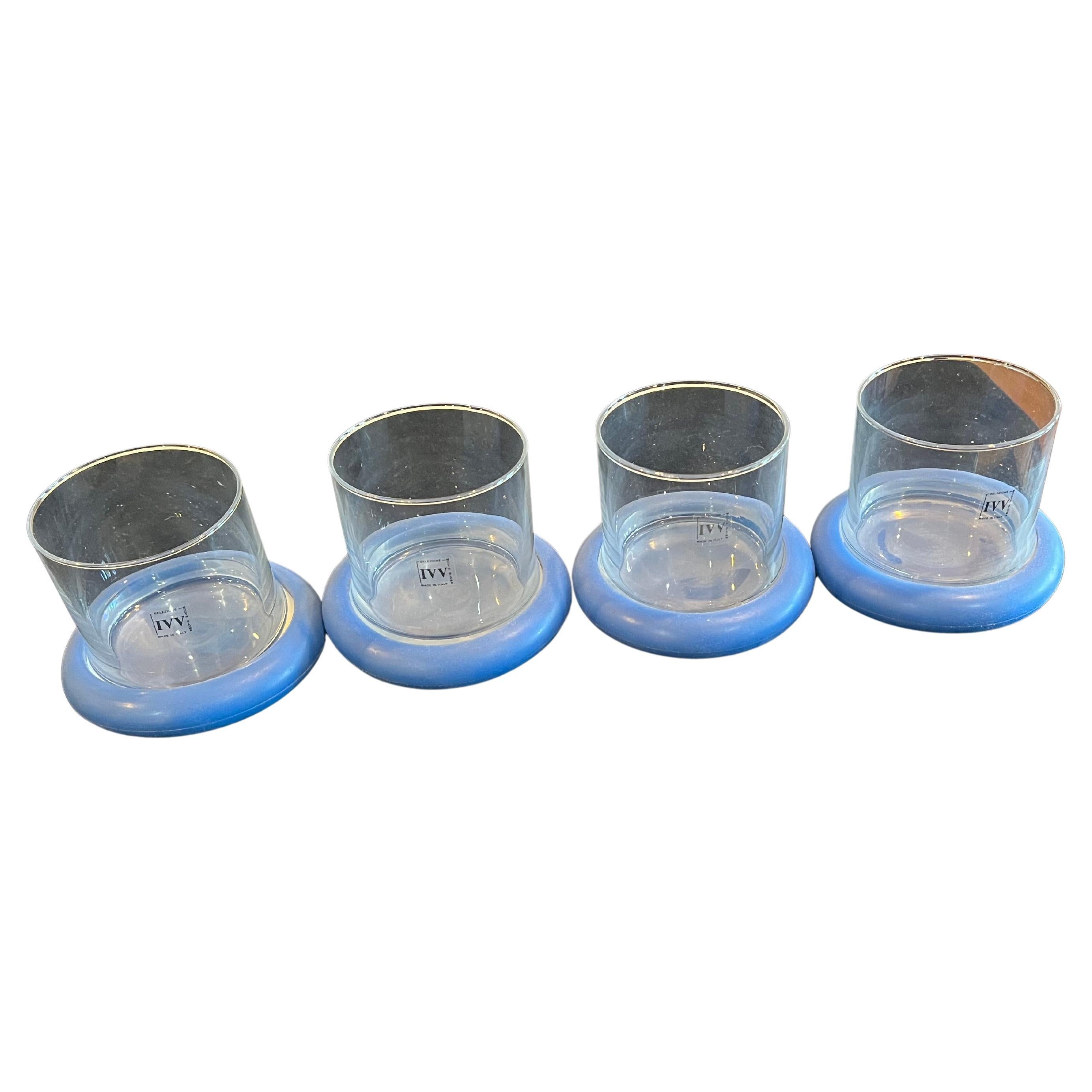 Fantastic new old stock set of postmodern Italian glasses by IVV , mouth blown glass with rubber base , circa 1980's never used. made in Italy.