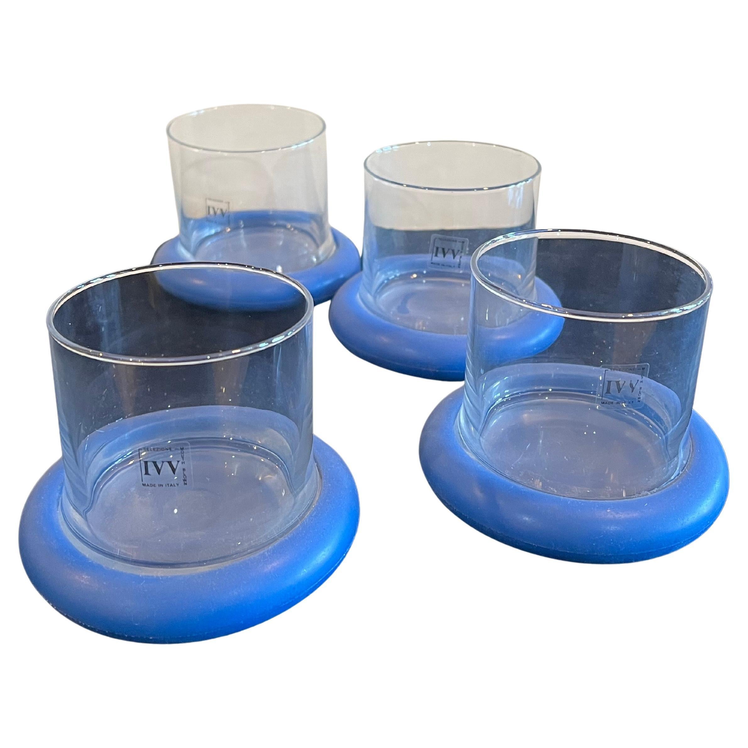 New Old stock Set of 4 Postmodern Mouth blown & Rubber Glasses by IVV Italia For Sale