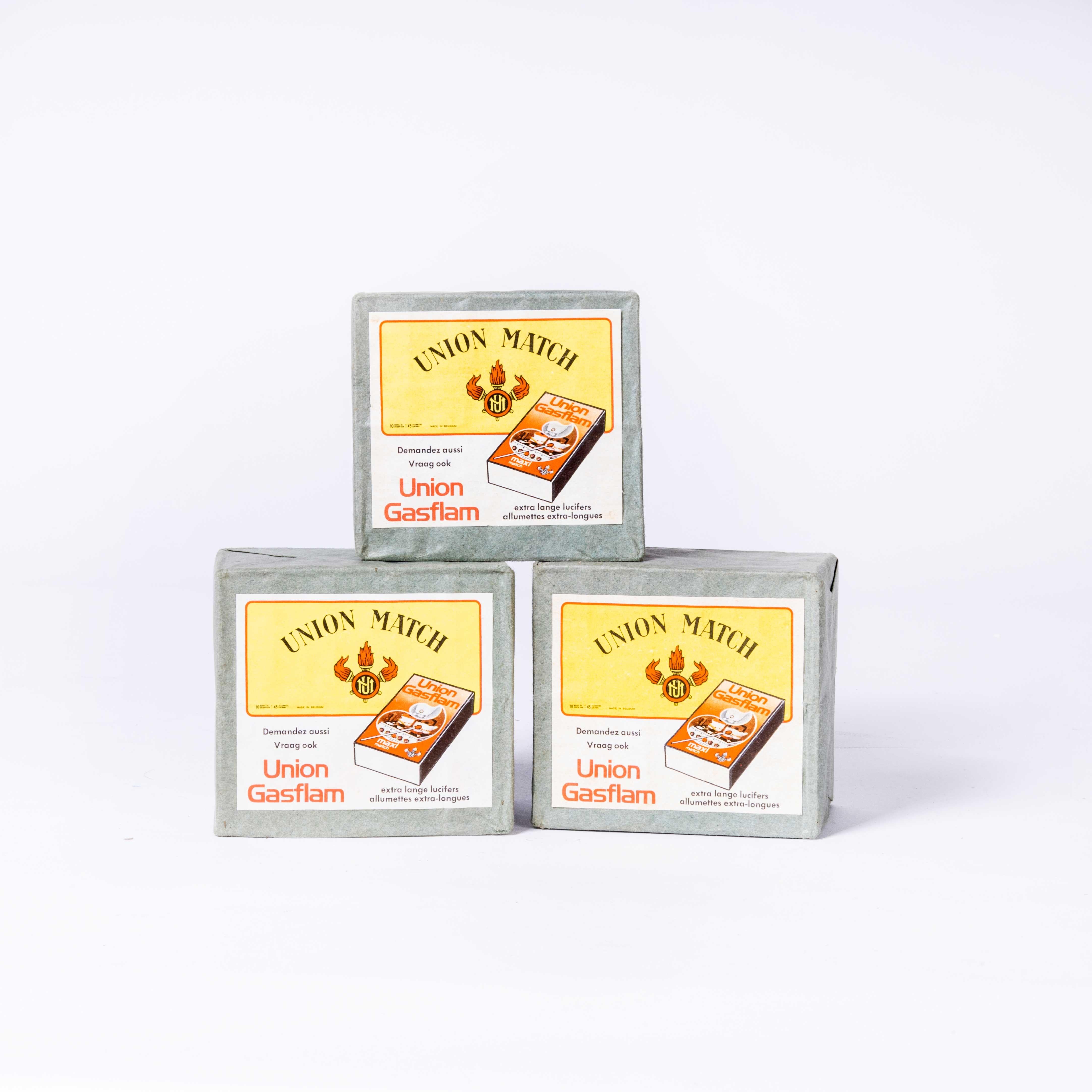 New Old Stock - Union Matches - Set Of Three. 

Pink Matches with a mustard tip. Made in Belgium, Never used. Each match box is a new condition with the Union match design on the front. Sold as decorative item, the matches may work but we suggest