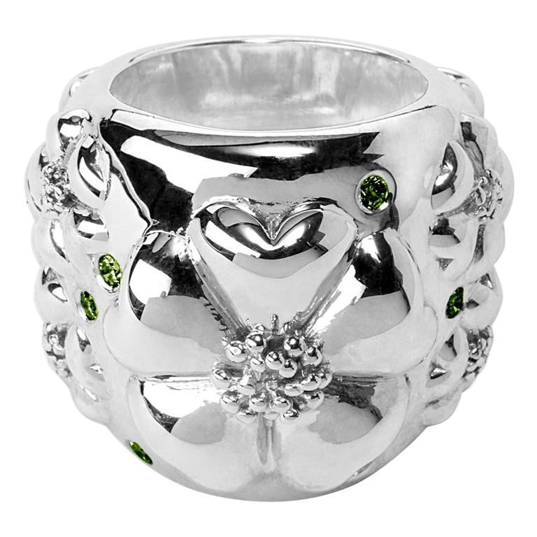 New Olive Peridot Blossom Pave Statement Dome Ring For Sale