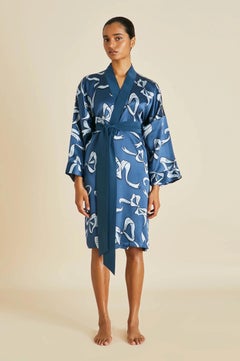 NEW Olivia von Halle Blue Bow Print Silk Dressing Gown Kimono Robe OS