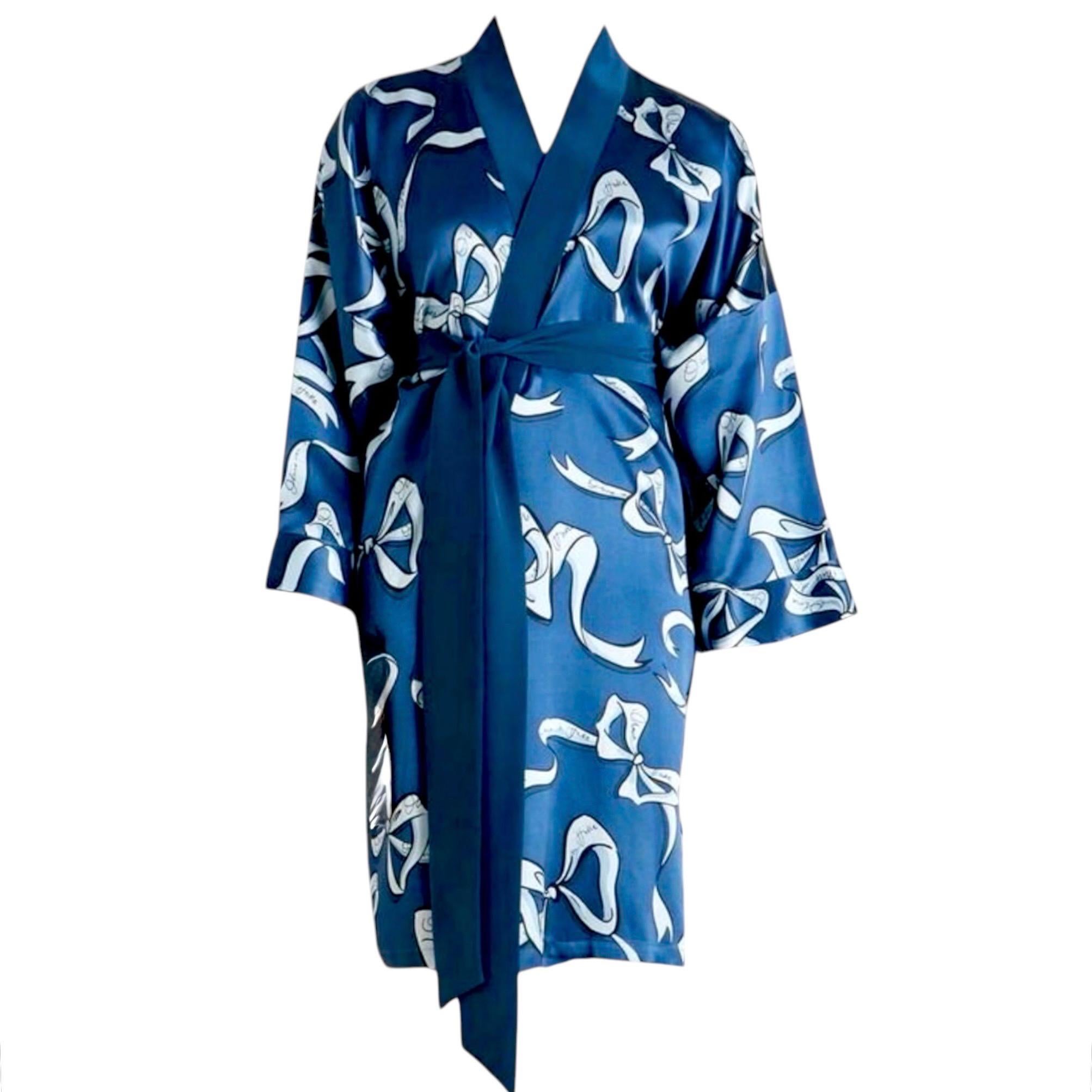 NEW Olivia von Halle Blaue Schleife Print Seide Morgenmantel Kimono Robe OS