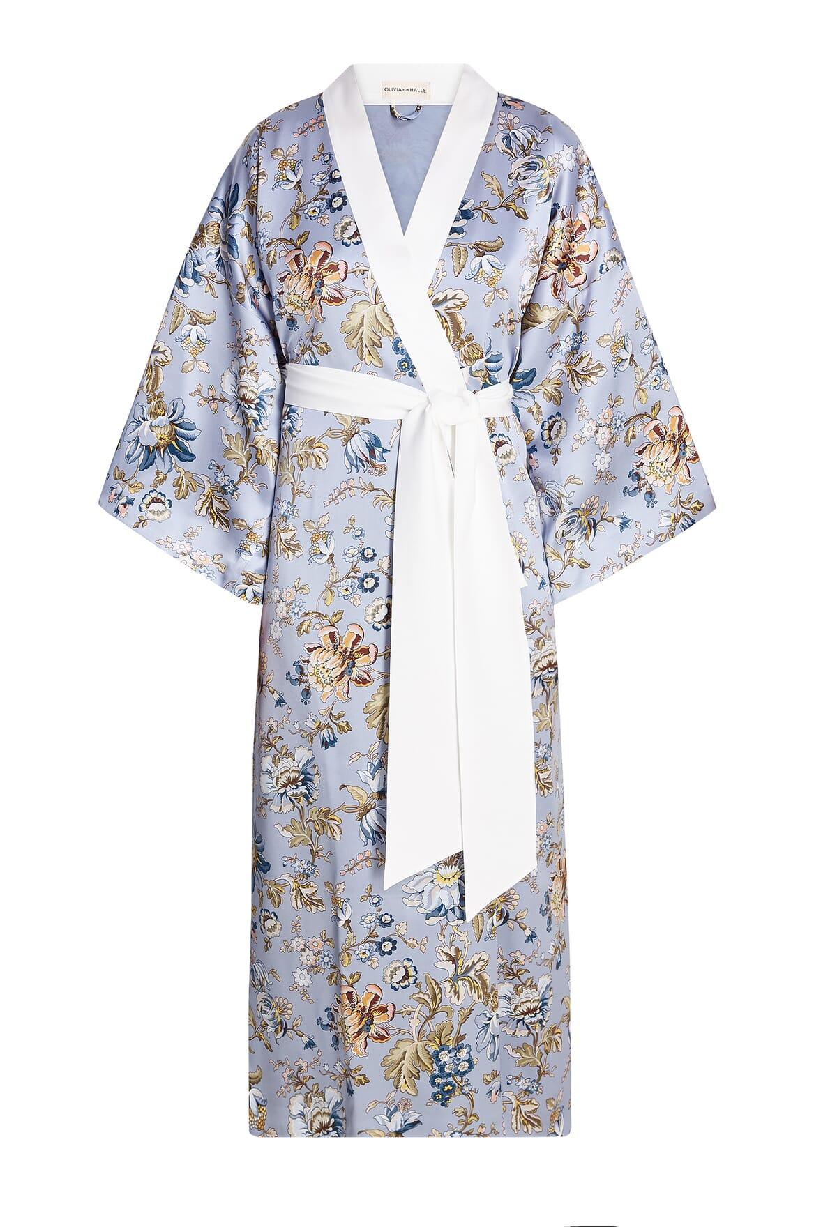 NEW Olivia von Halle Soft Blue Floral Print Silk Dressing Gown Kimono Robe OS For Sale 5