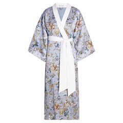 NEW Olivia von Halle Soft Blue Floral Print Silk Dressing Gown Kimono Robe OS