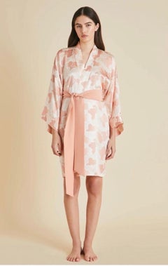 NEW Olivia von Halle Blush Japanese Print Silk Dressing Gown Kimono Robe OS
