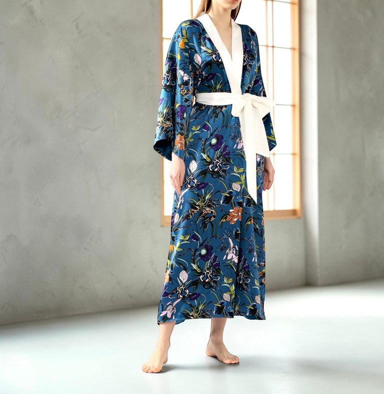 japanese print satin dress Mercatoo Girls Silky Satin Kimono Robe Japanese Traditional Dress Spa Robe  Long Kimono Sleeve Straight Floral Dress