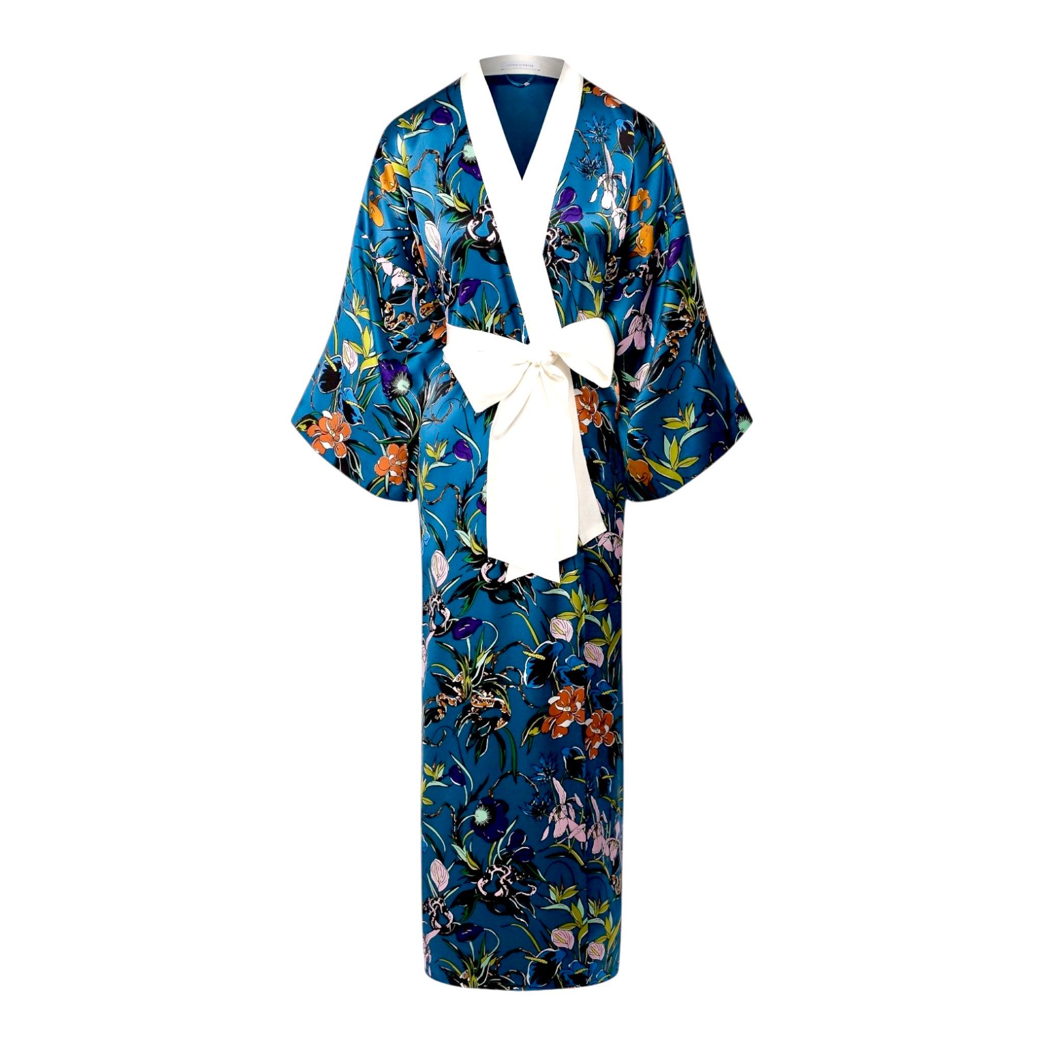 NEW Olivia von Halle Robe de chambre en soie à imprimé floral Kimono japonais