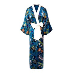 NEW Olivia von Halle Floral Print Silk Dressing Gown Japanese Style Kimono Robe