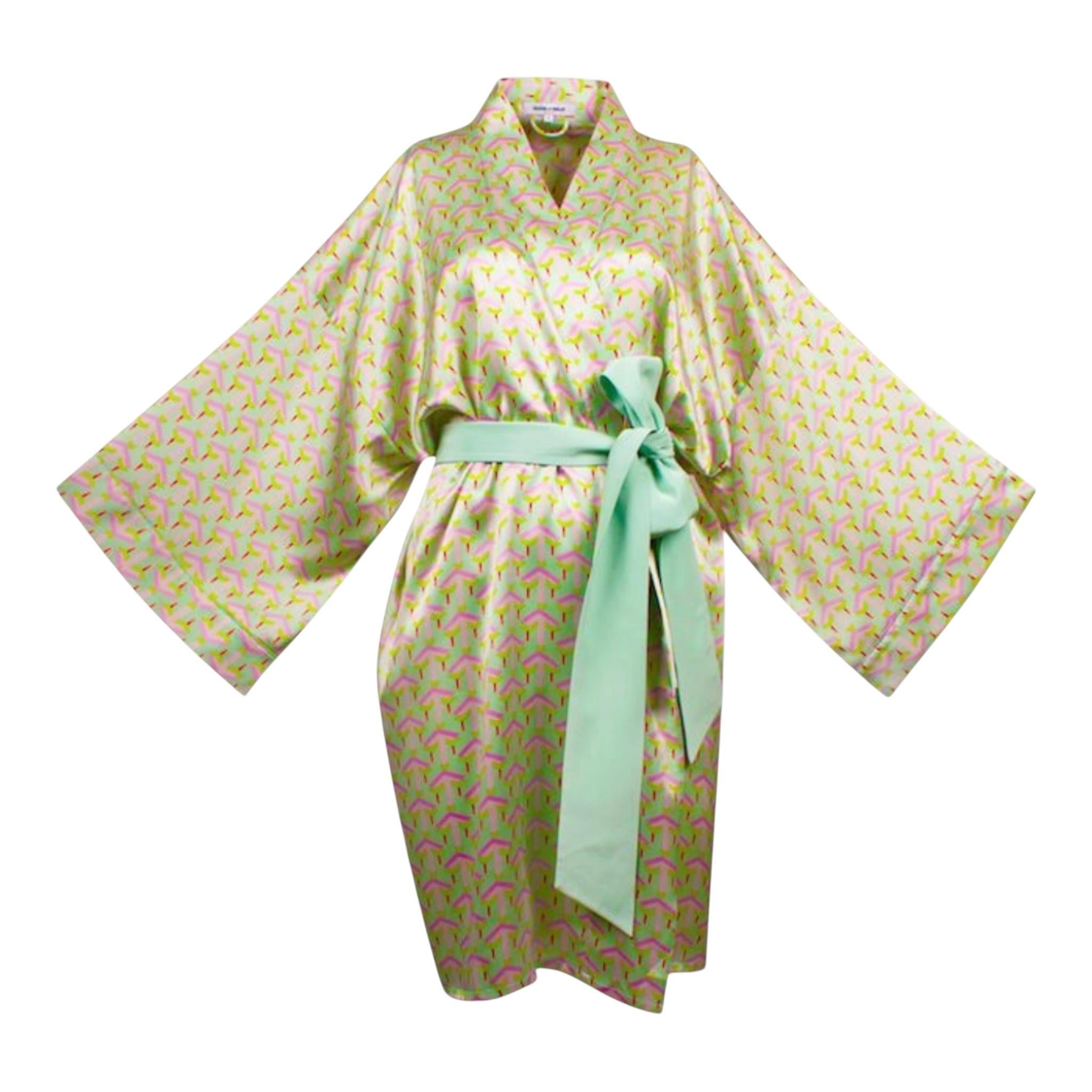 NUEVA Olivia von Halle Bata de seda con estampado geométrico Kimono Chaqueta OS