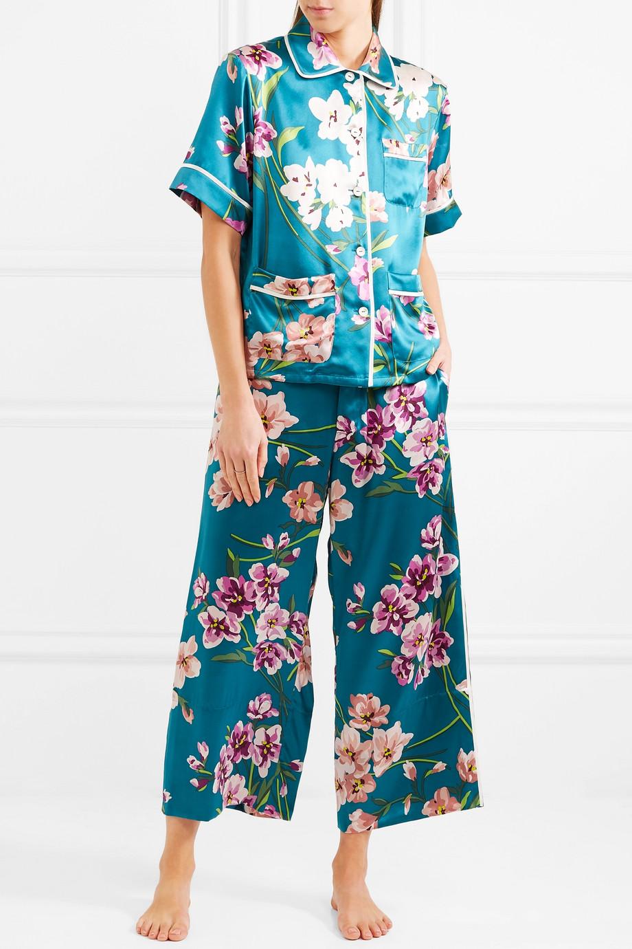 Blue NEW Olivia Von Halle Silk Floral Print Lounge Home Sleep Wear Suit XS/1 For Sale