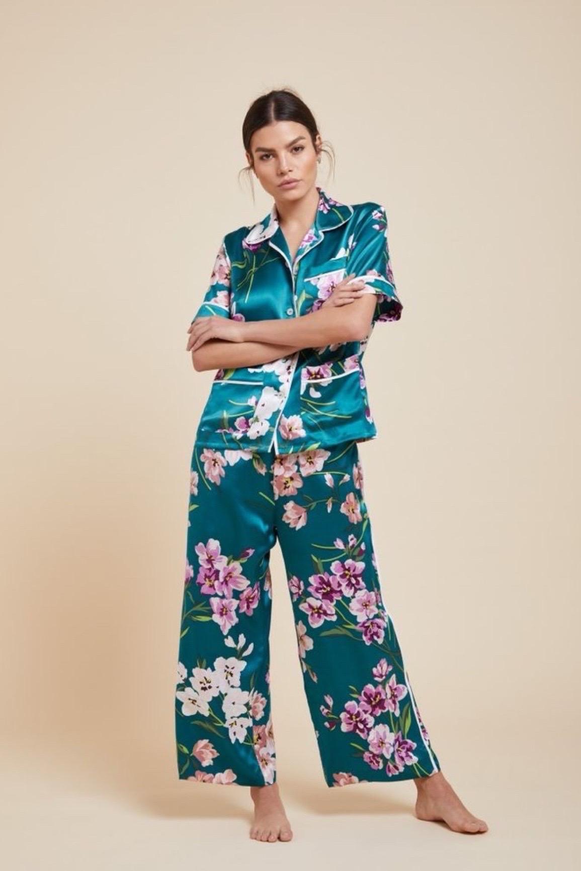 Women's NEW Olivia Von Halle Silk Floral Print Lounge Home Sleep Wear Suit XS/1 For Sale