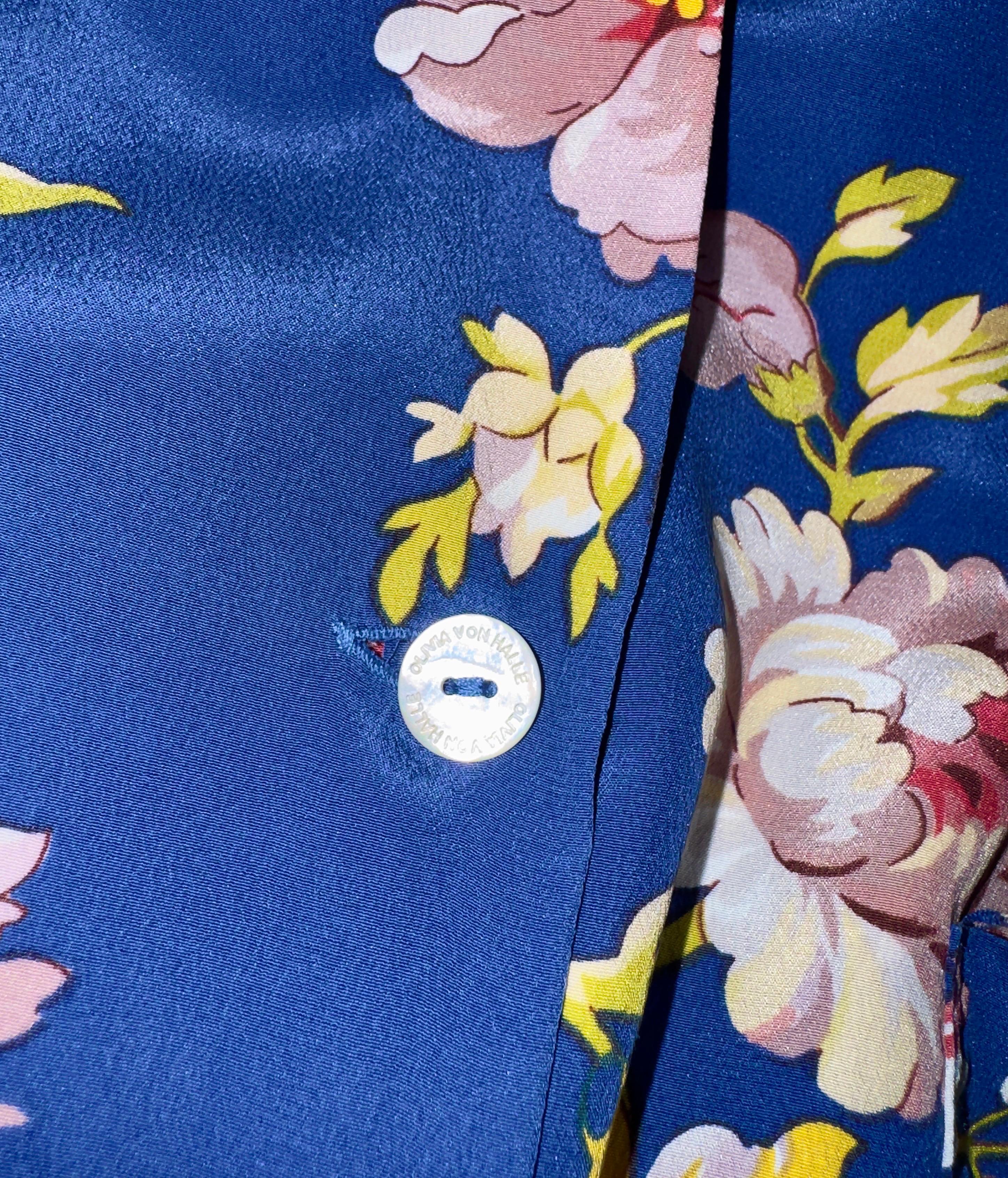 NEW Olivia Von Halle Seidenblumendruck Hose Freizeit Lounge Sommer Anzug M (Blau) im Angebot